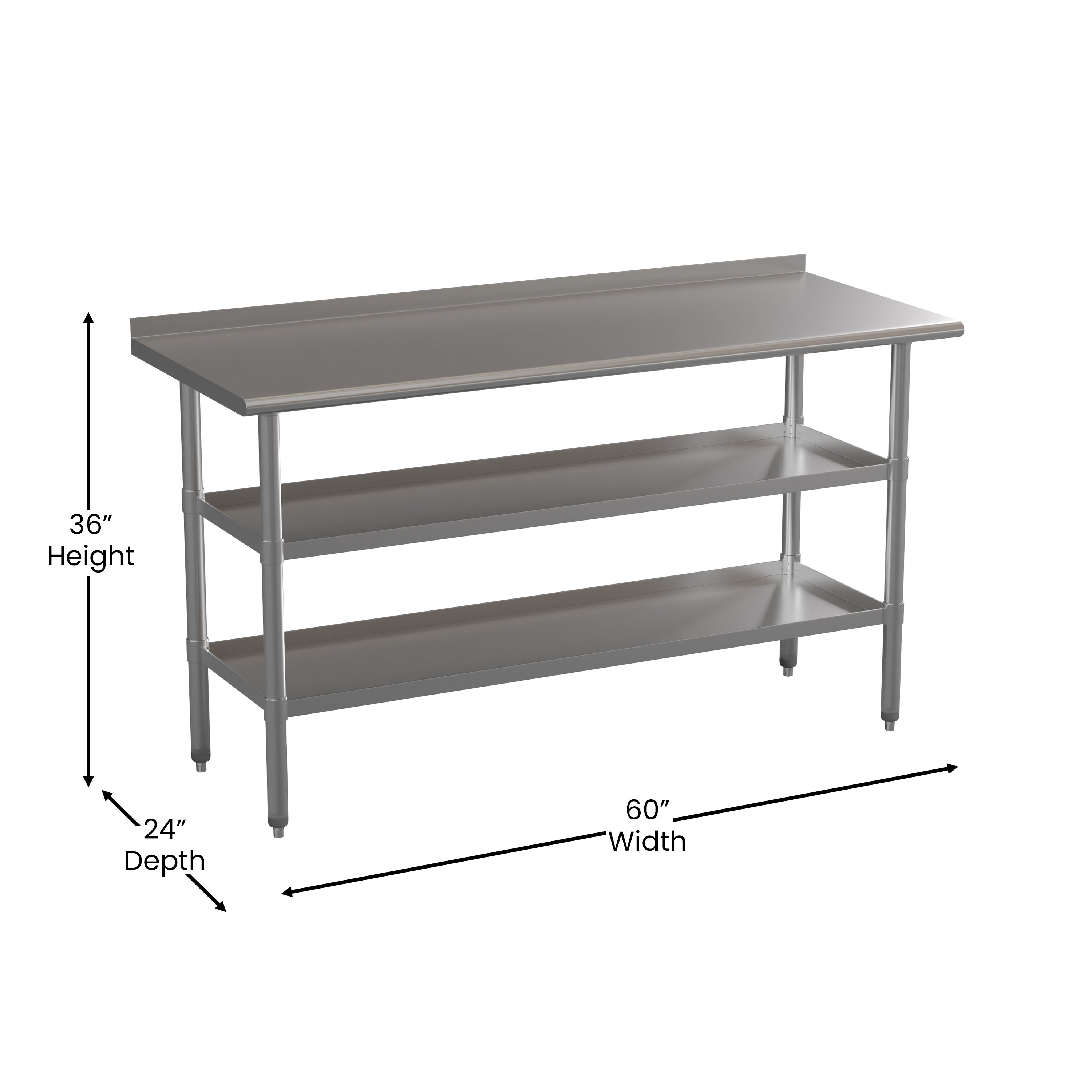 Randolph Stainless Steel 18 Gauge Work Table with 1.5" Backsplash and 2 Undershelves - 60"W x 24"D x 36"H, NSF