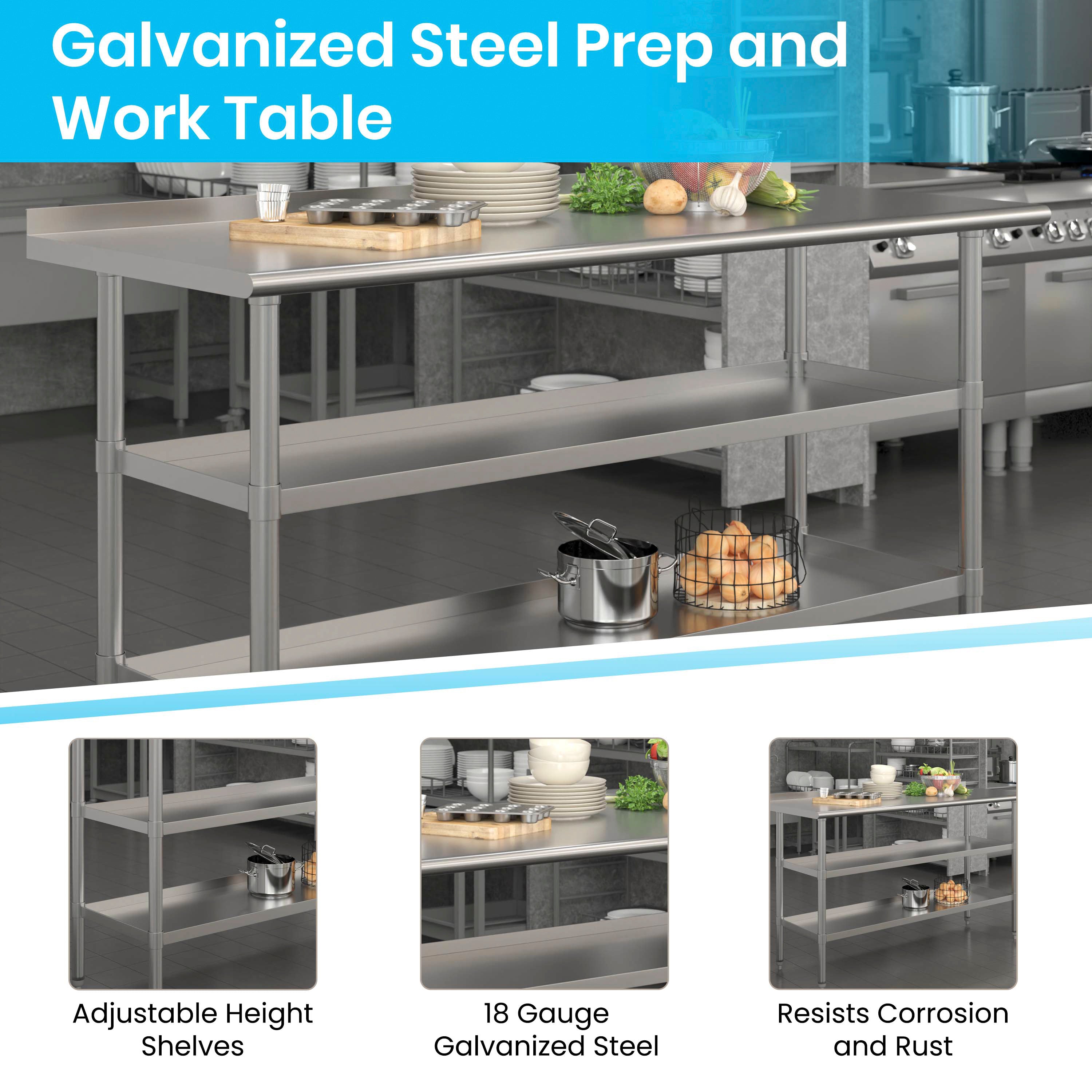 Randolph Stainless Steel 18 Gauge Work Table with 1.5" Backsplash and 2 Undershelves - 60"W x 24"D x 36"H, NSF
