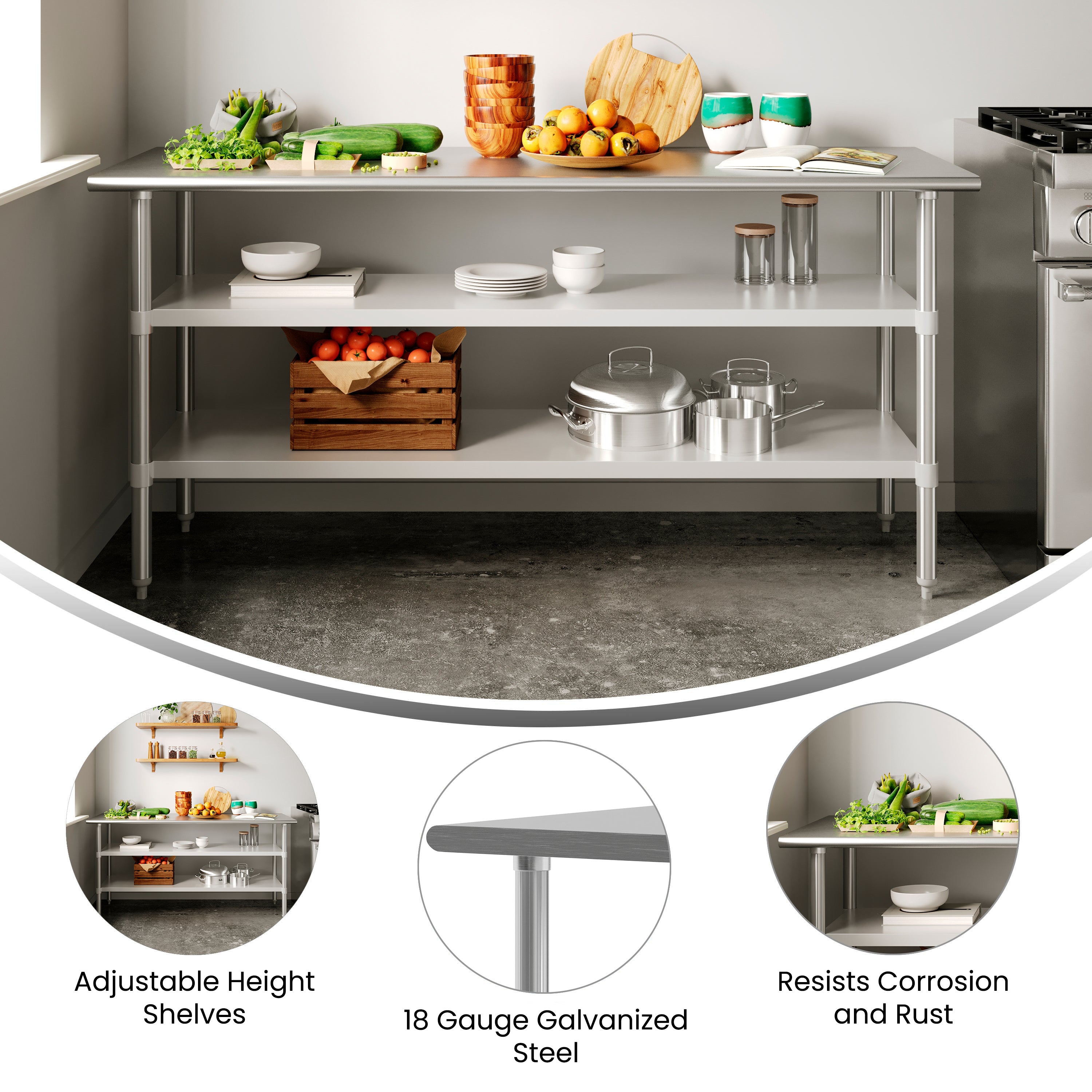 Reese 24x72 Portable Prep and Work Table with NSF Certified 18 Gauge Stainless Steel Top Shelf and 2 Adjustable Galvanized Steel Undershelves