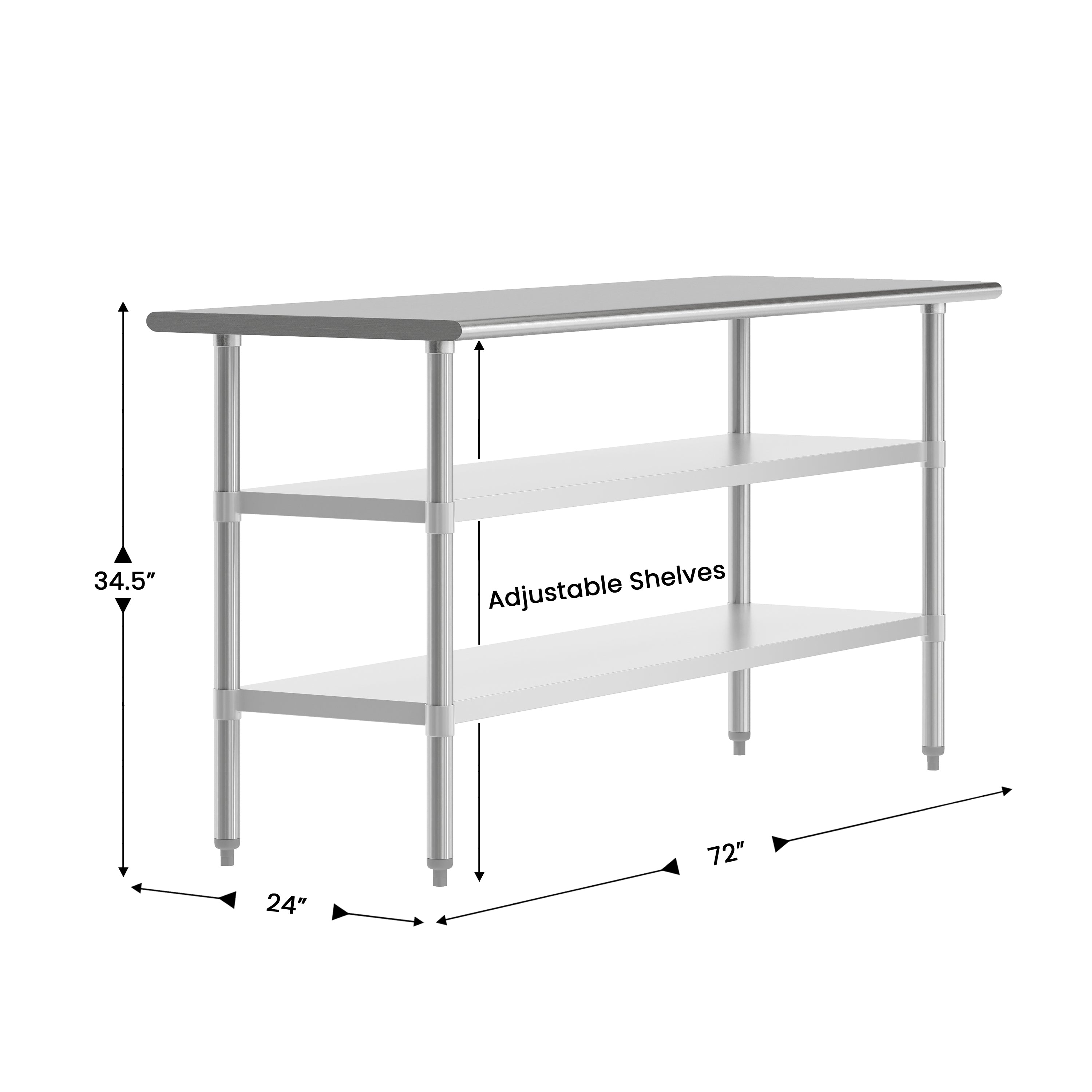 Reese 24x72 Portable Prep and Work Table with NSF Certified 18 Gauge Stainless Steel Top Shelf and 2 Adjustable Galvanized Steel Undershelves