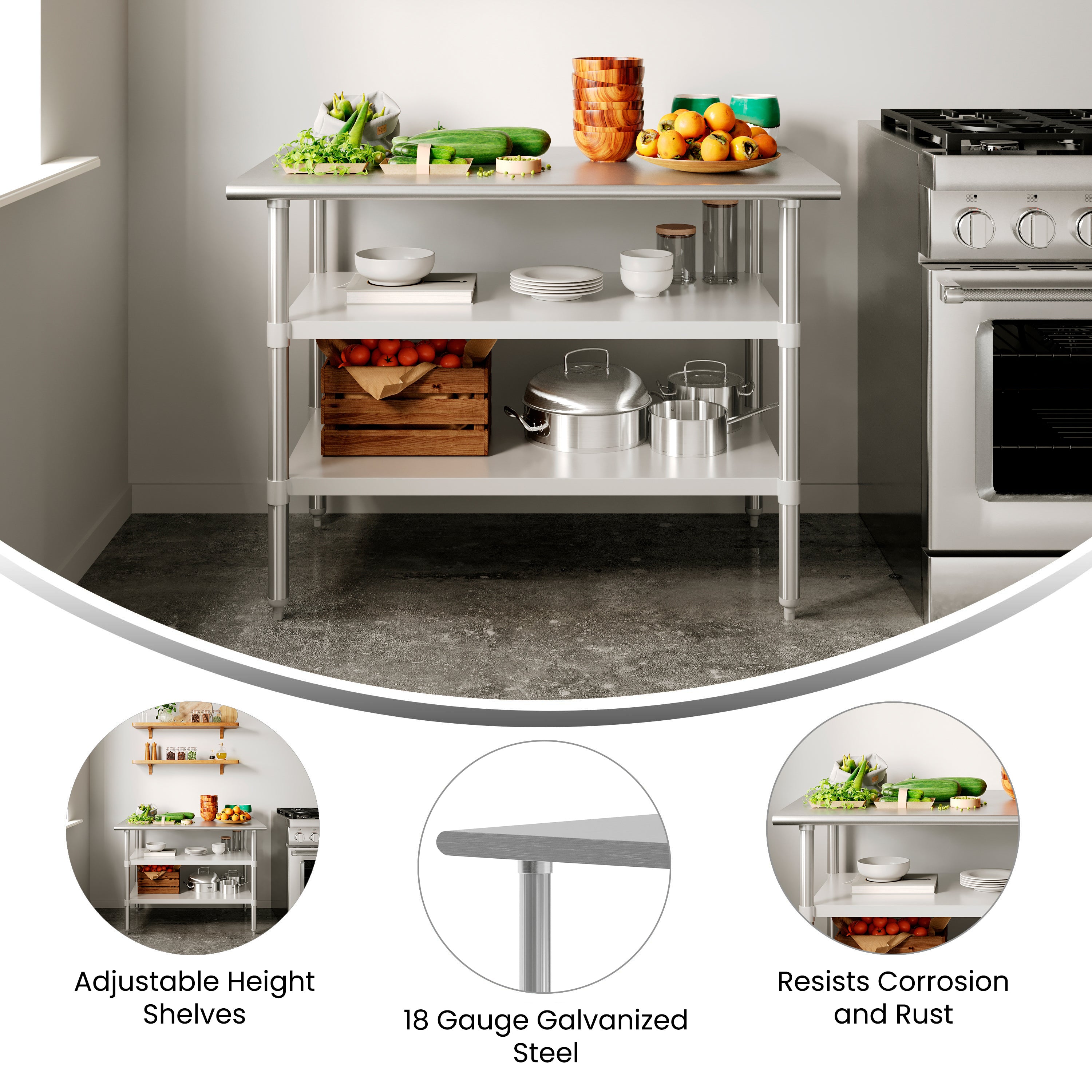 Reese 30x48 Portable Prep and Work Table with NSF Certified 18 Gauge Stainless Steel Top Shelf and 2 Adjustable Galvanized Steel Undershelves