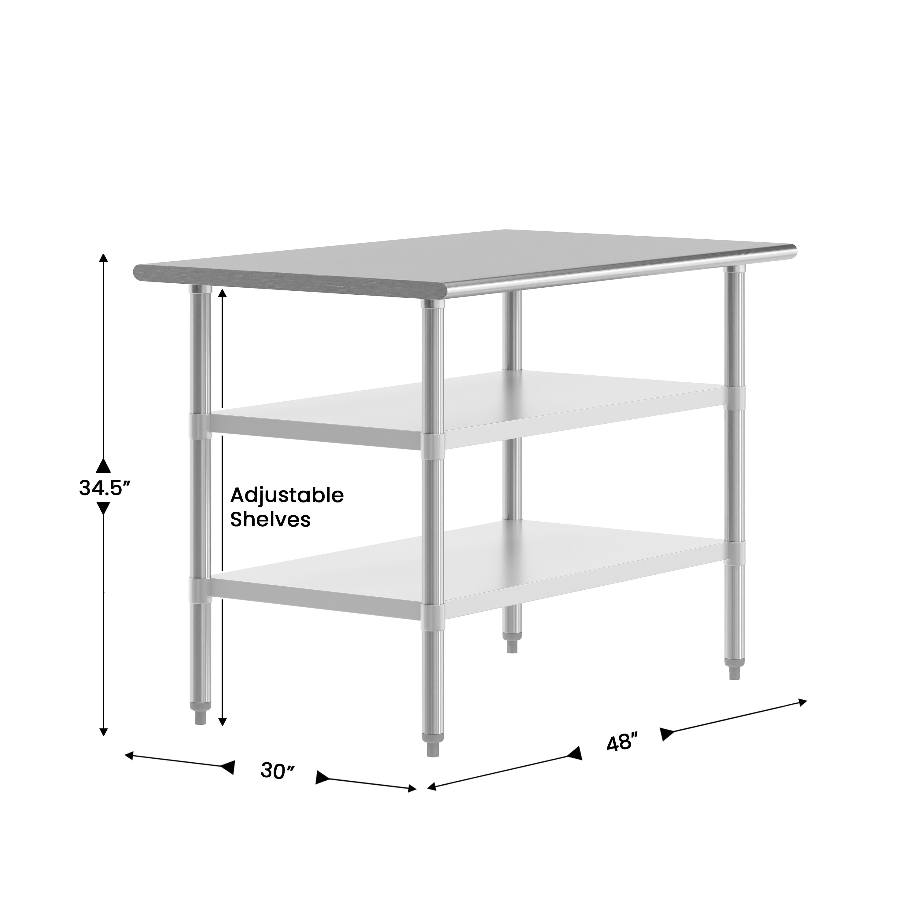 Reese 30x48 Portable Prep and Work Table with NSF Certified 18 Gauge Stainless Steel Top Shelf and 2 Adjustable Galvanized Steel Undershelves