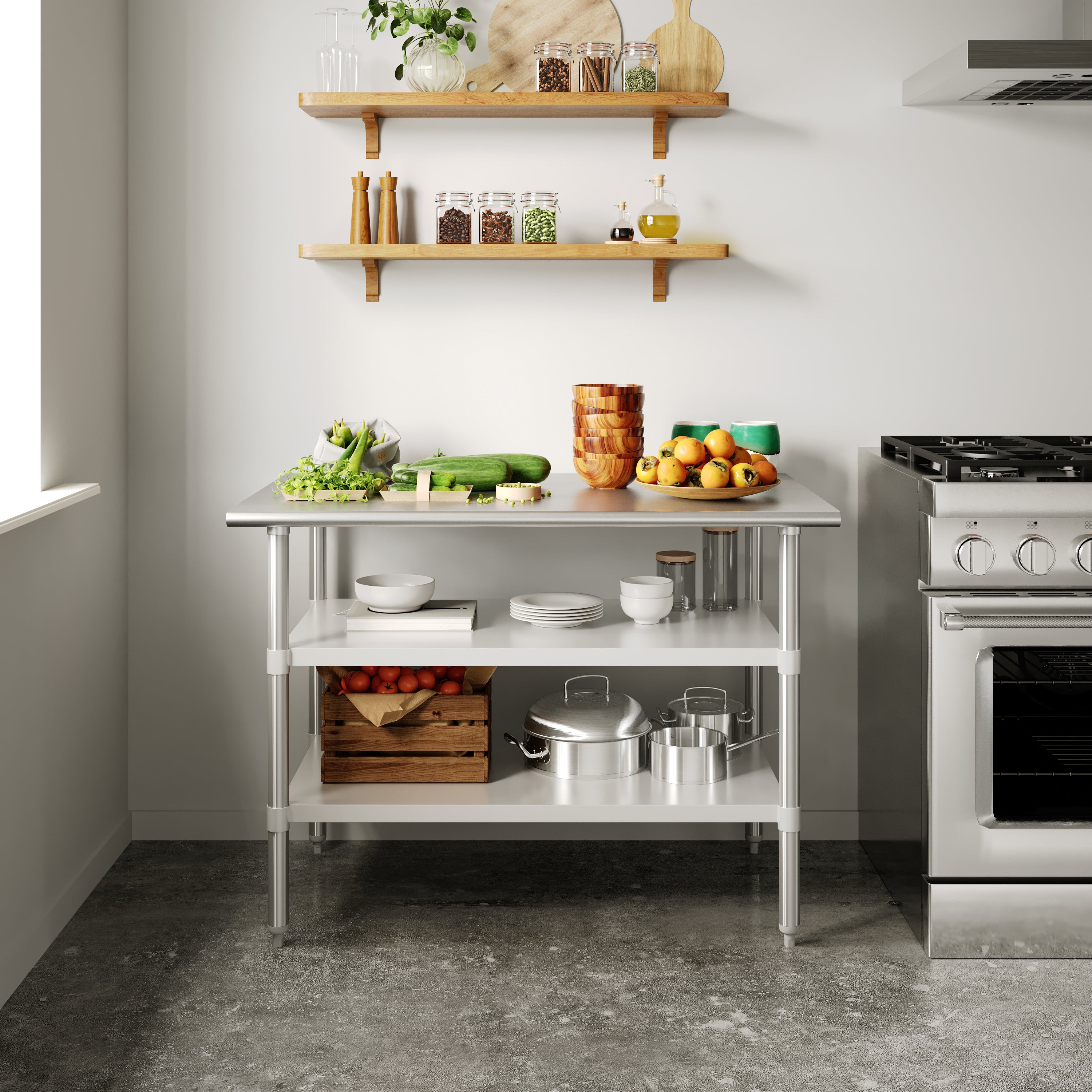 Reese 30x48 Portable Prep and Work Table with NSF Certified 18 Gauge Stainless Steel Top Shelf and 2 Adjustable Galvanized Steel Undershelves