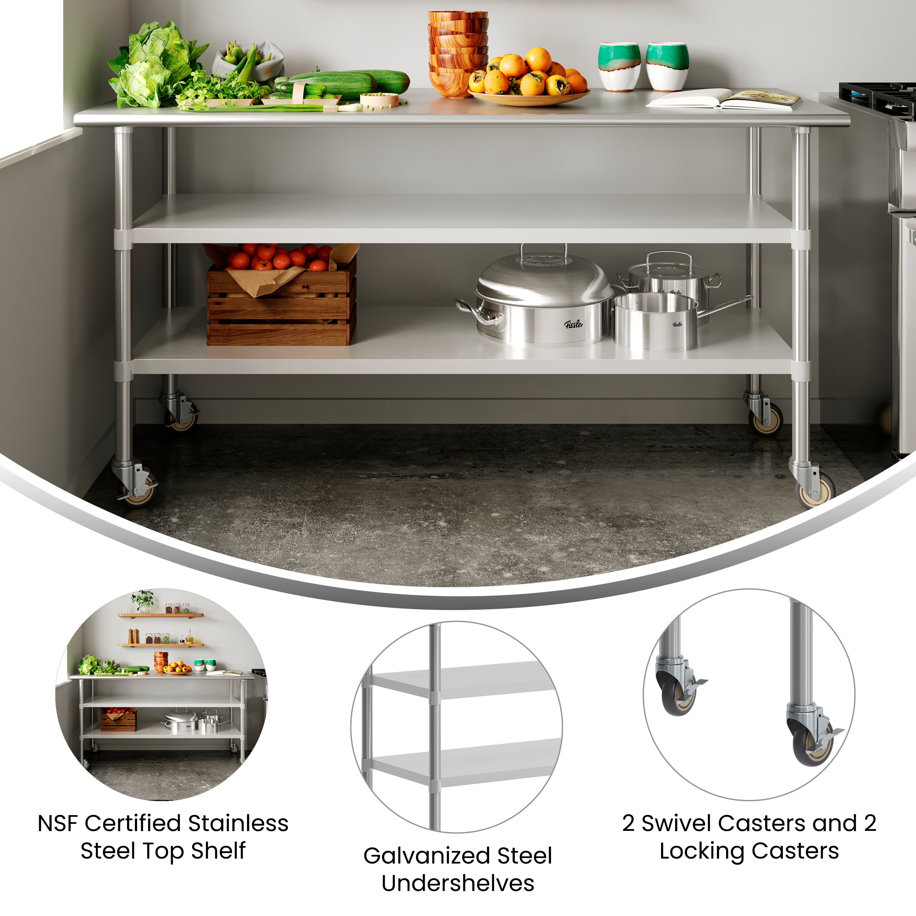 Reader NSF Certified Stainless Steel Prep and Work Table 30"x 72" with 2 Galvanized Steel Undershelves and 4 Casters, Heavy Duty Food Prep Worktable