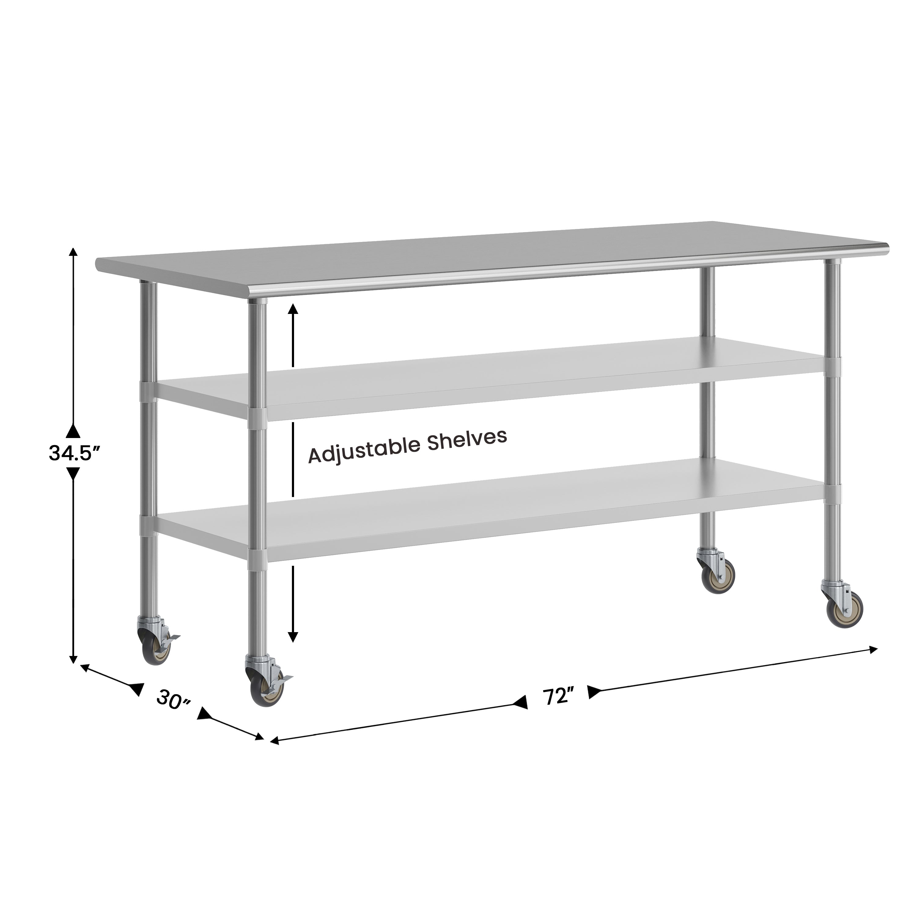 Reader NSF Certified Stainless Steel Prep and Work Table 30"x 72" with 2 Galvanized Steel Undershelves and 4 Casters, Heavy Duty Food Prep Worktable