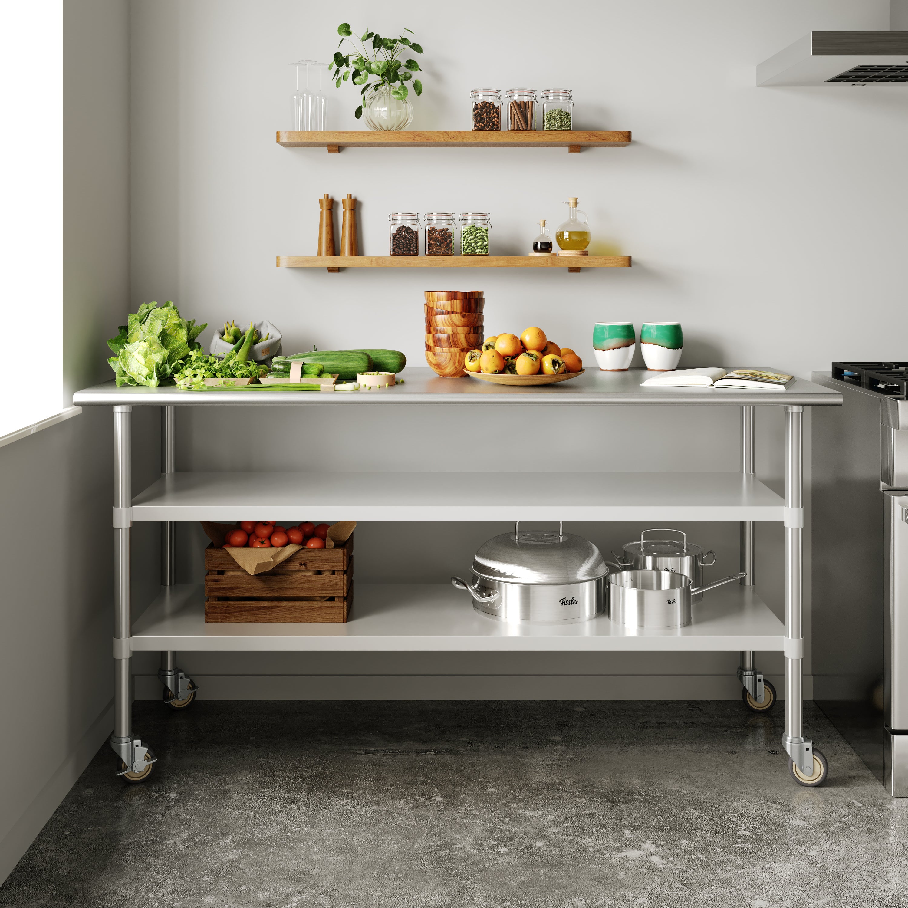 Reader NSF Certified Stainless Steel Prep and Work Table 30"x 72" with 2 Galvanized Steel Undershelves and 4 Casters, Heavy Duty Food Prep Worktable