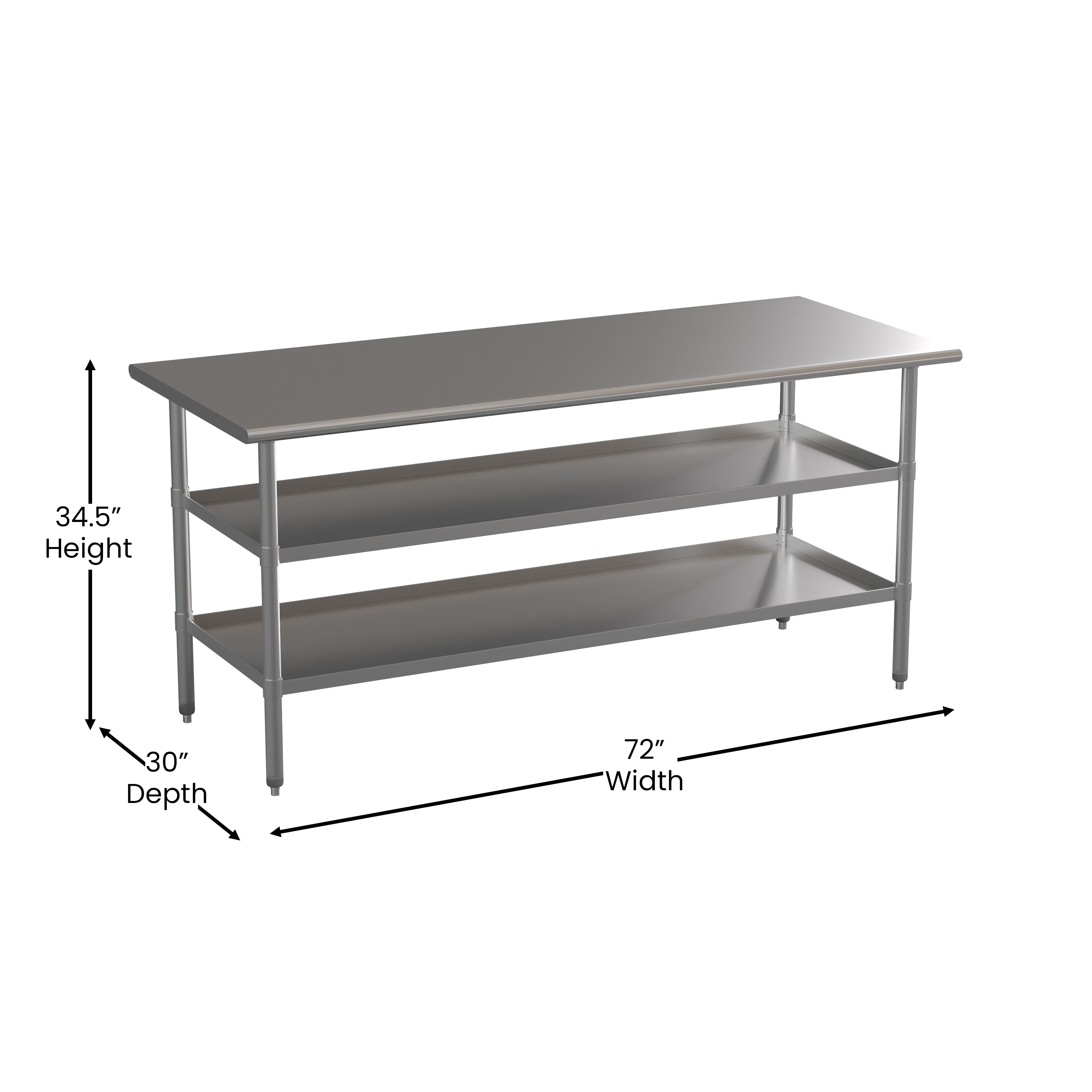 Ravenel Stainless Steel 18 Gauge Work Table with 2 Undershelves - 72"W x 30"D x 34.5"H, NSF