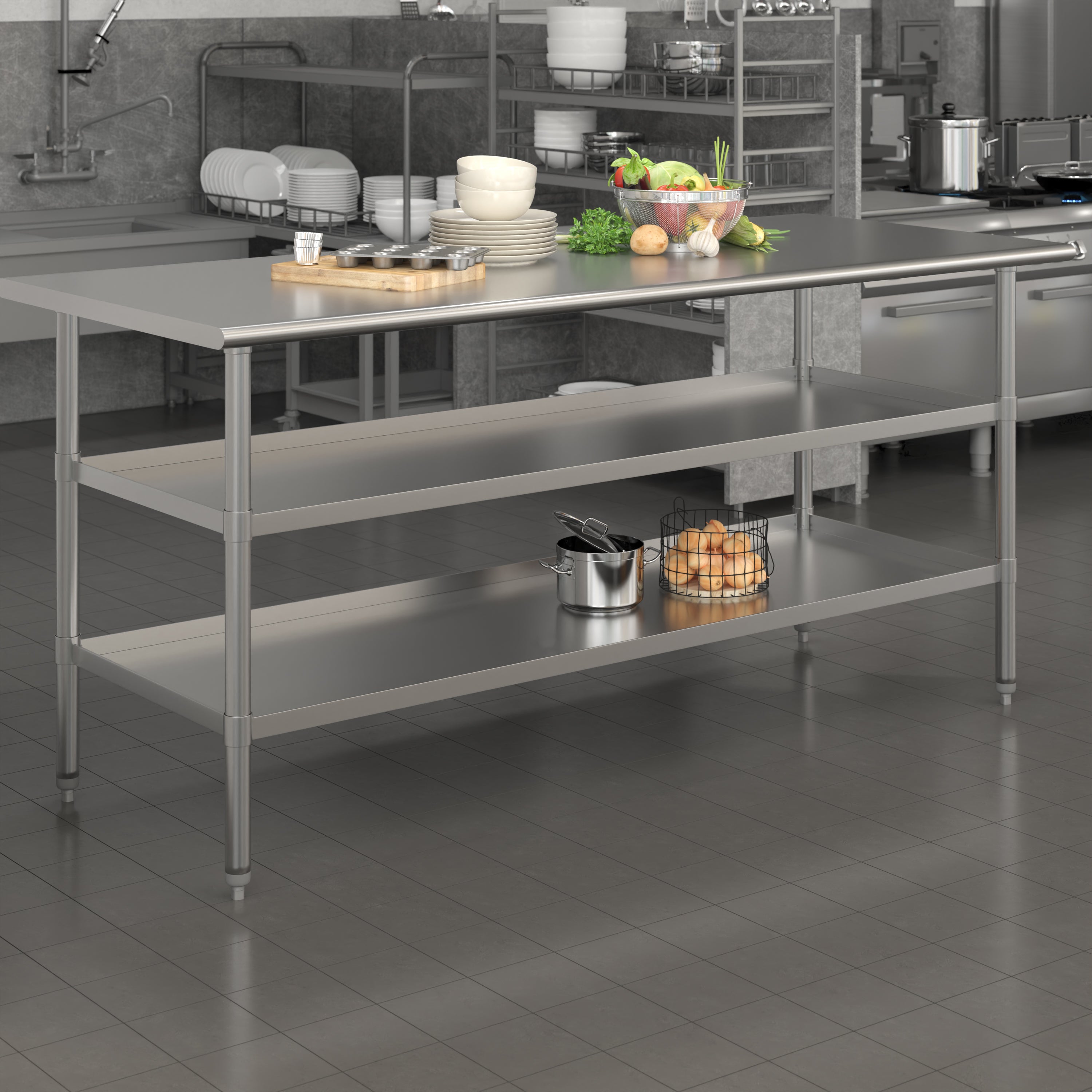 Ravenel Stainless Steel 18 Gauge Work Table with 2 Undershelves - 72"W x 30"D x 34.5"H, NSF