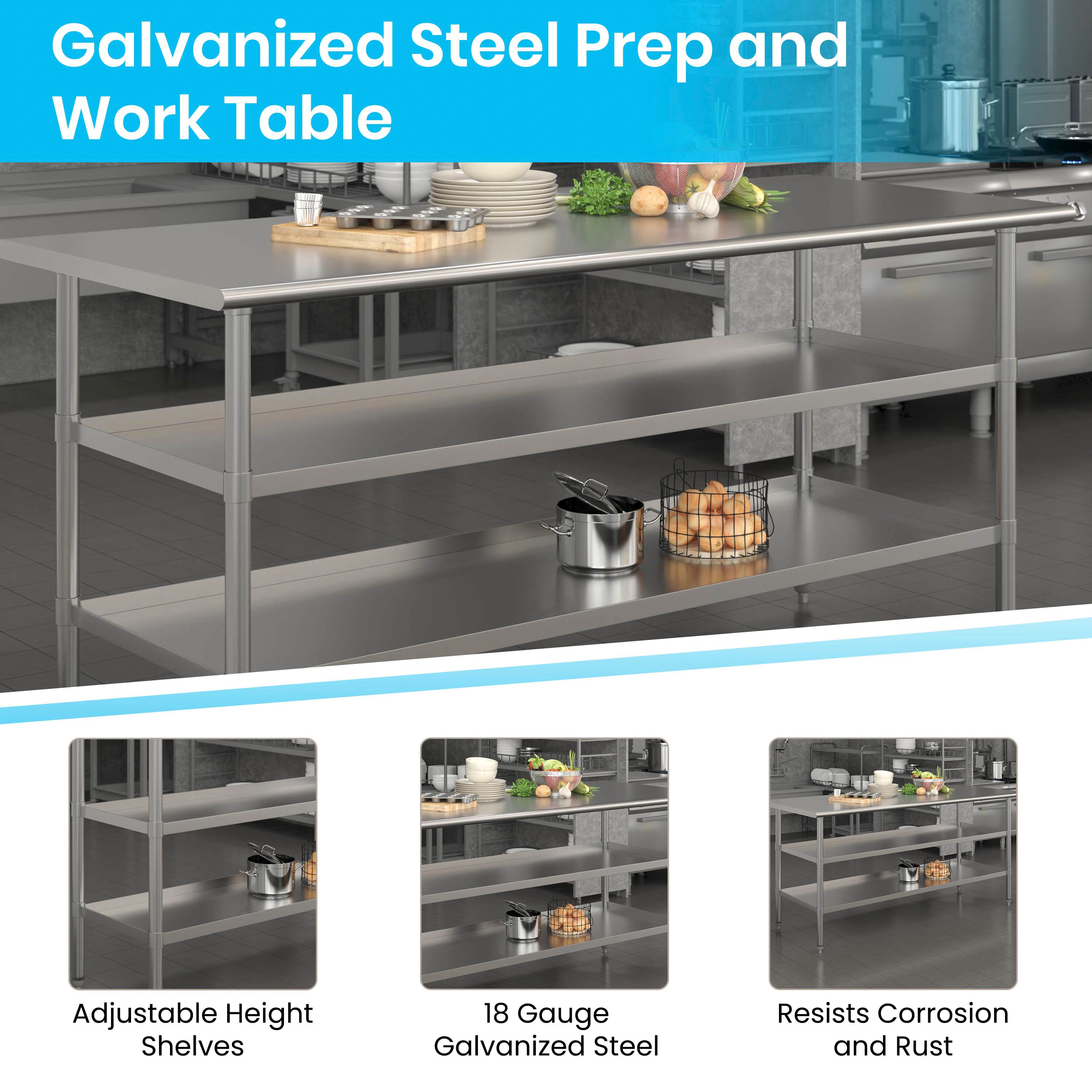 Ravenel Stainless Steel 18 Gauge Work Table with 2 Undershelves - 72"W x 30"D x 34.5"H, NSF