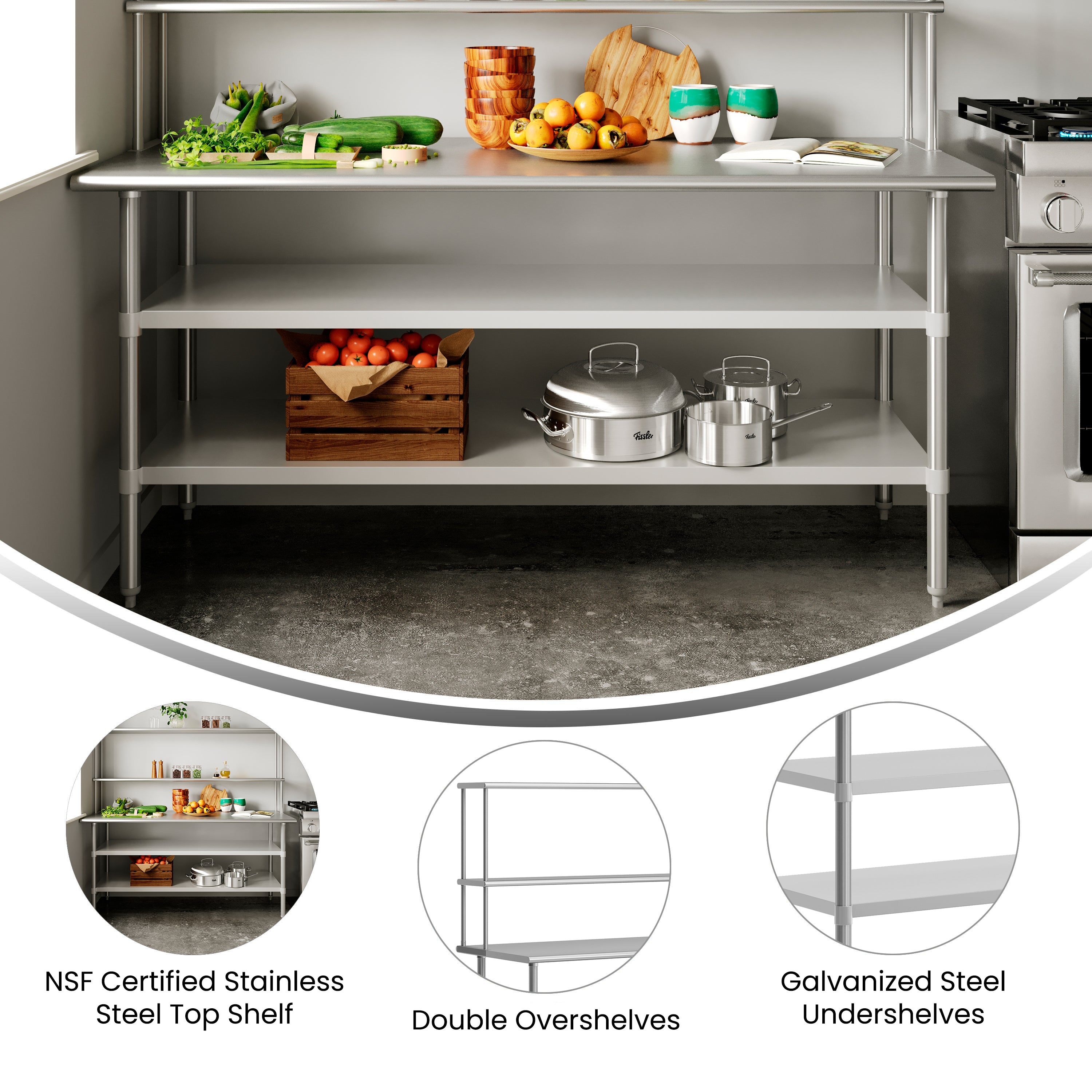 Reader Portable Prep and Work Table with NSF Certified 18 Gauge Stainless Steel Top Shelf and Double Overshelves and 2 Galvanized Steel Undershelves