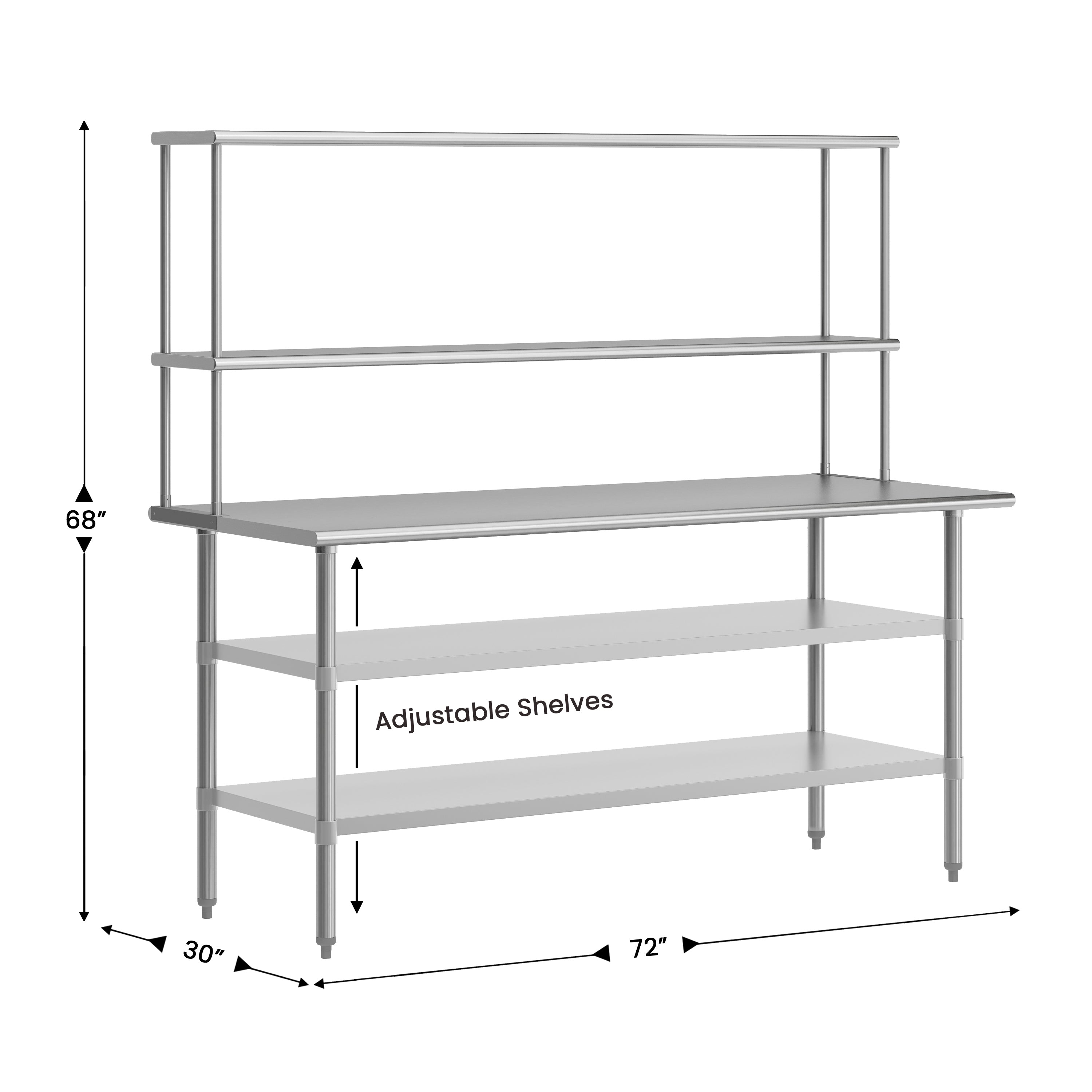 Reader Portable Prep and Work Table with NSF Certified 18 Gauge Stainless Steel Top Shelf and Double Overshelves and 2 Galvanized Steel Undershelves