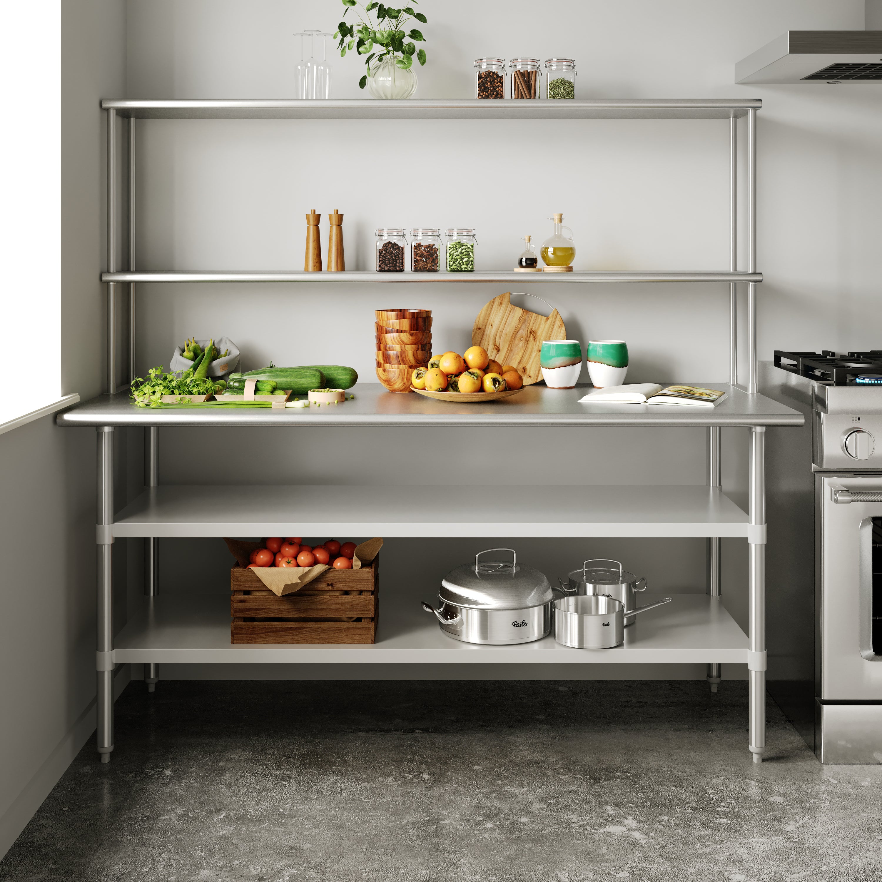 Reader Portable Prep and Work Table with NSF Certified 18 Gauge Stainless Steel Top Shelf and Double Overshelves and 2 Galvanized Steel Undershelves