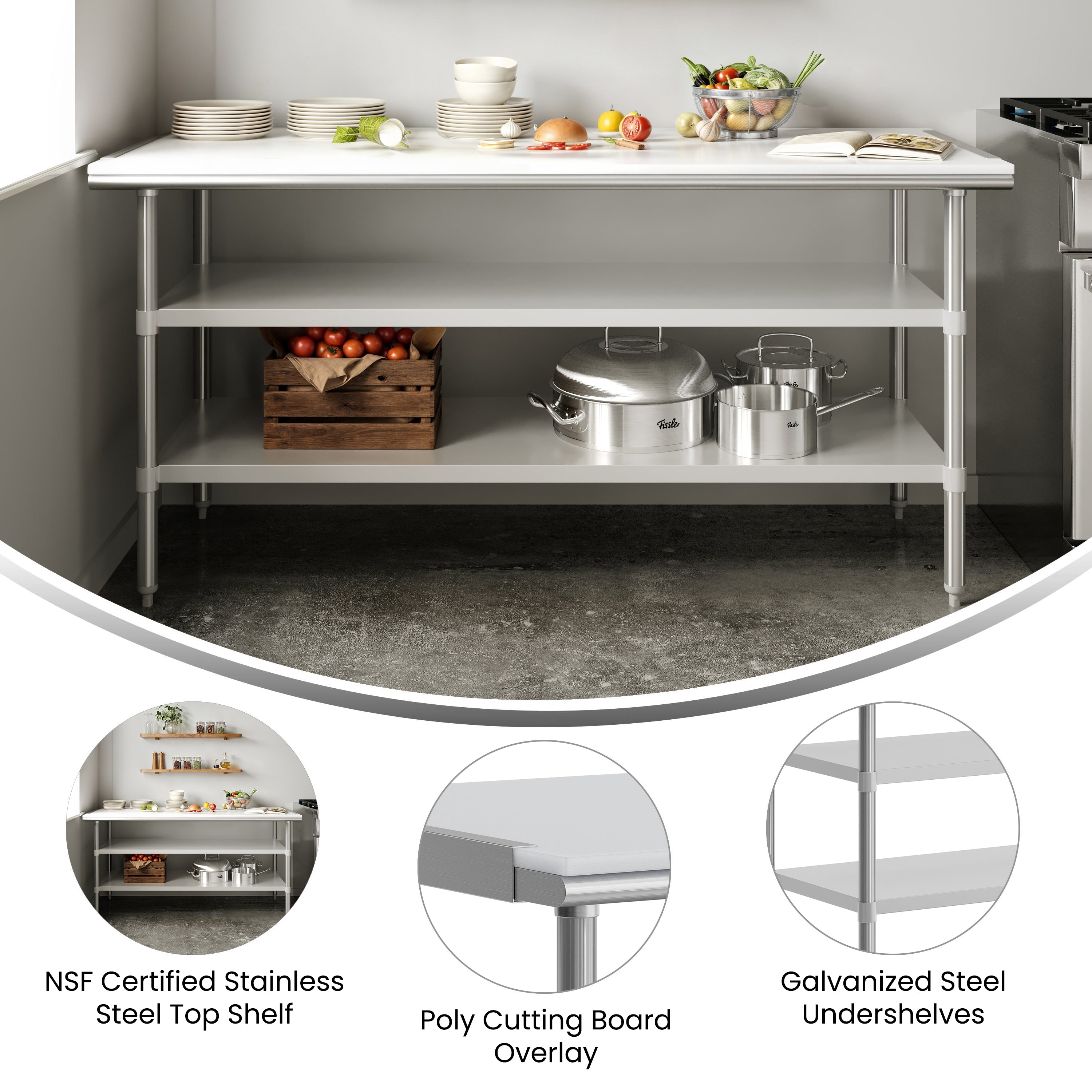 Reader Portable Prep and Work Table with NSF Certified 18 Gauge Stainless Steel Top Shelf with Poly Cutting Board and 2 Galvanized Steel Undershelves
