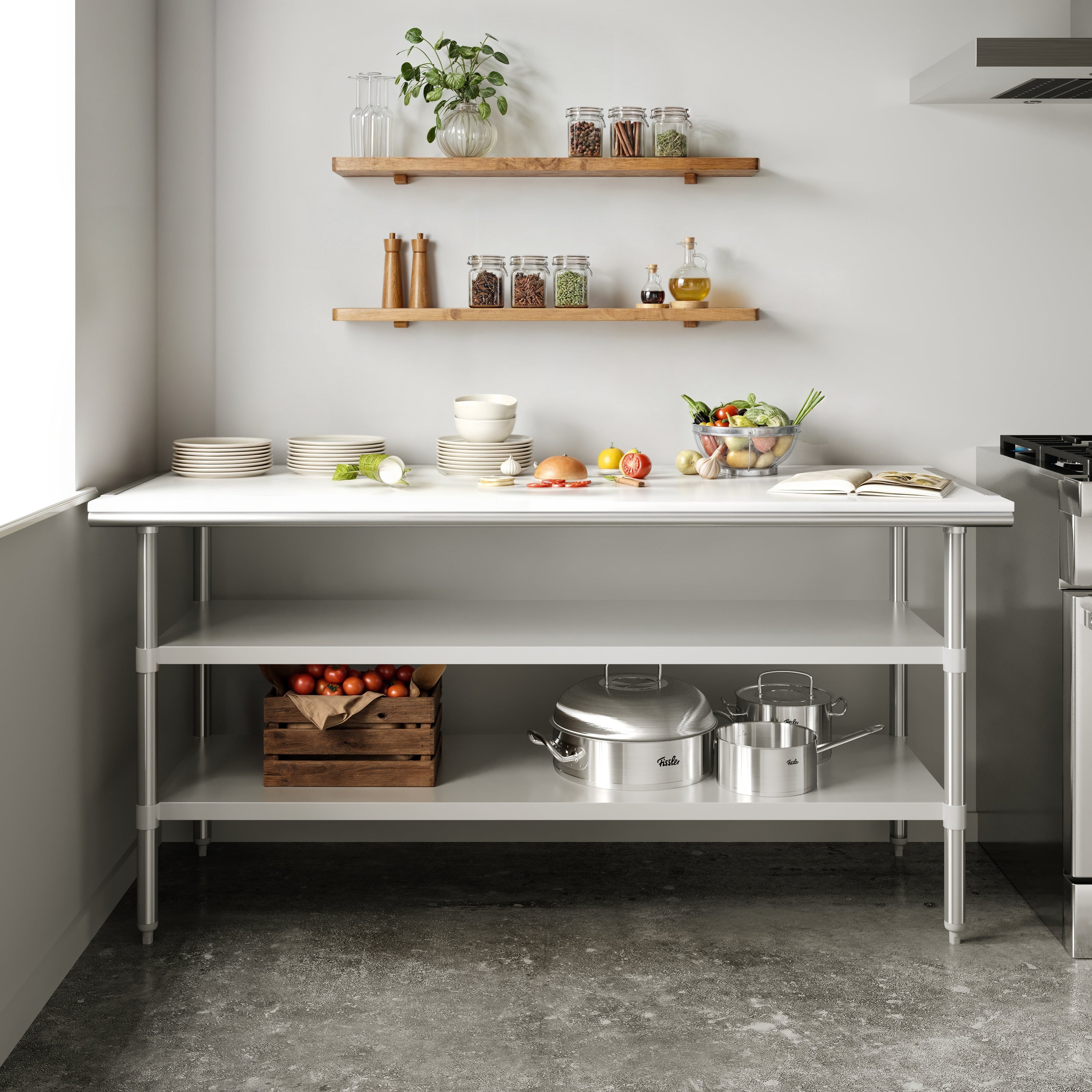 Reader Portable Prep and Work Table with NSF Certified 18 Gauge Stainless Steel Top Shelf with Poly Cutting Board and 2 Galvanized Steel Undershelves