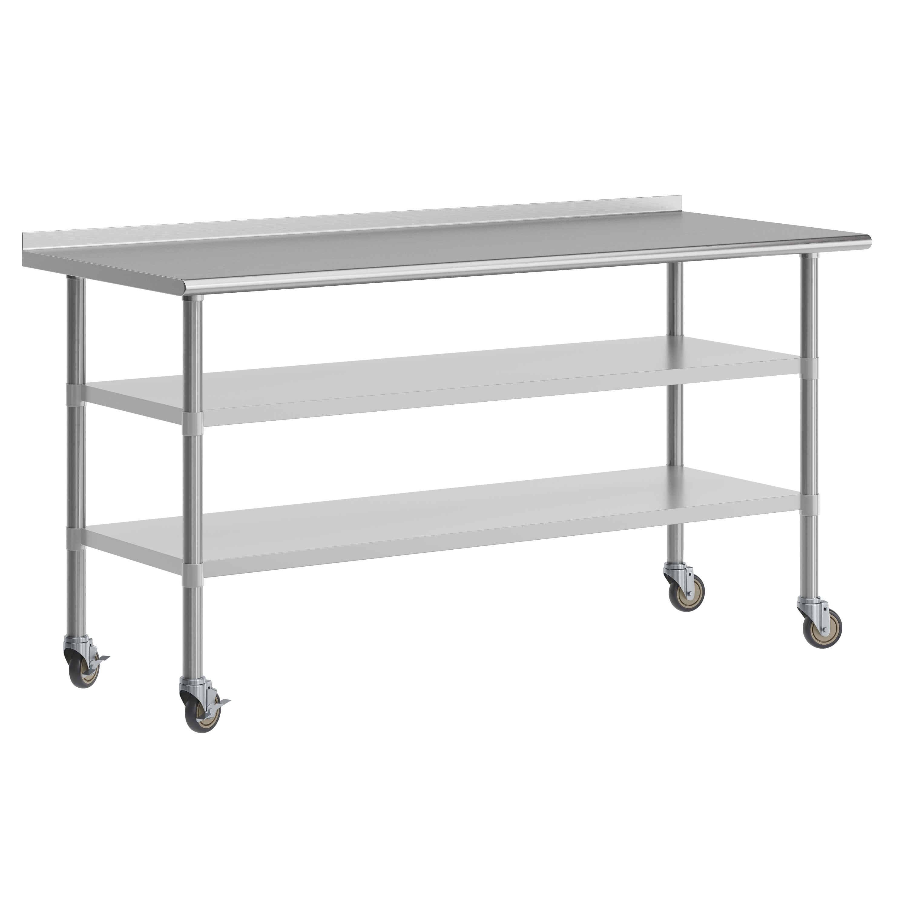 Reader NSF Certified Stainless Steel Prep and Work Table 30"x 72" with 1.5" Backsplash, 2 Galvanized Steel Undershelves and 4 Casters, 2 Locking
