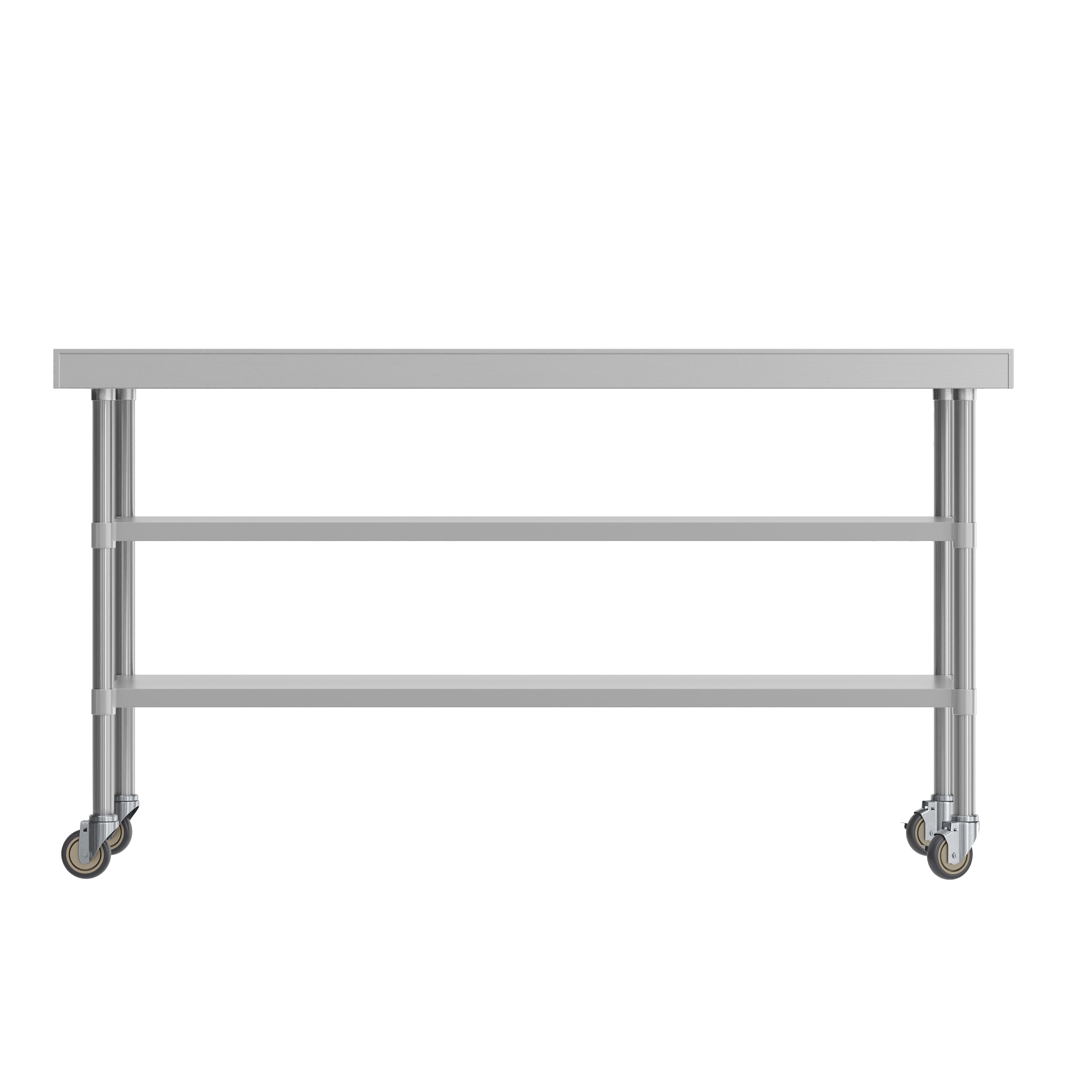 Reader NSF Certified Stainless Steel Prep and Work Table 30"x 72" with 1.5" Backsplash, 2 Galvanized Steel Undershelves and 4 Casters, 2 Locking