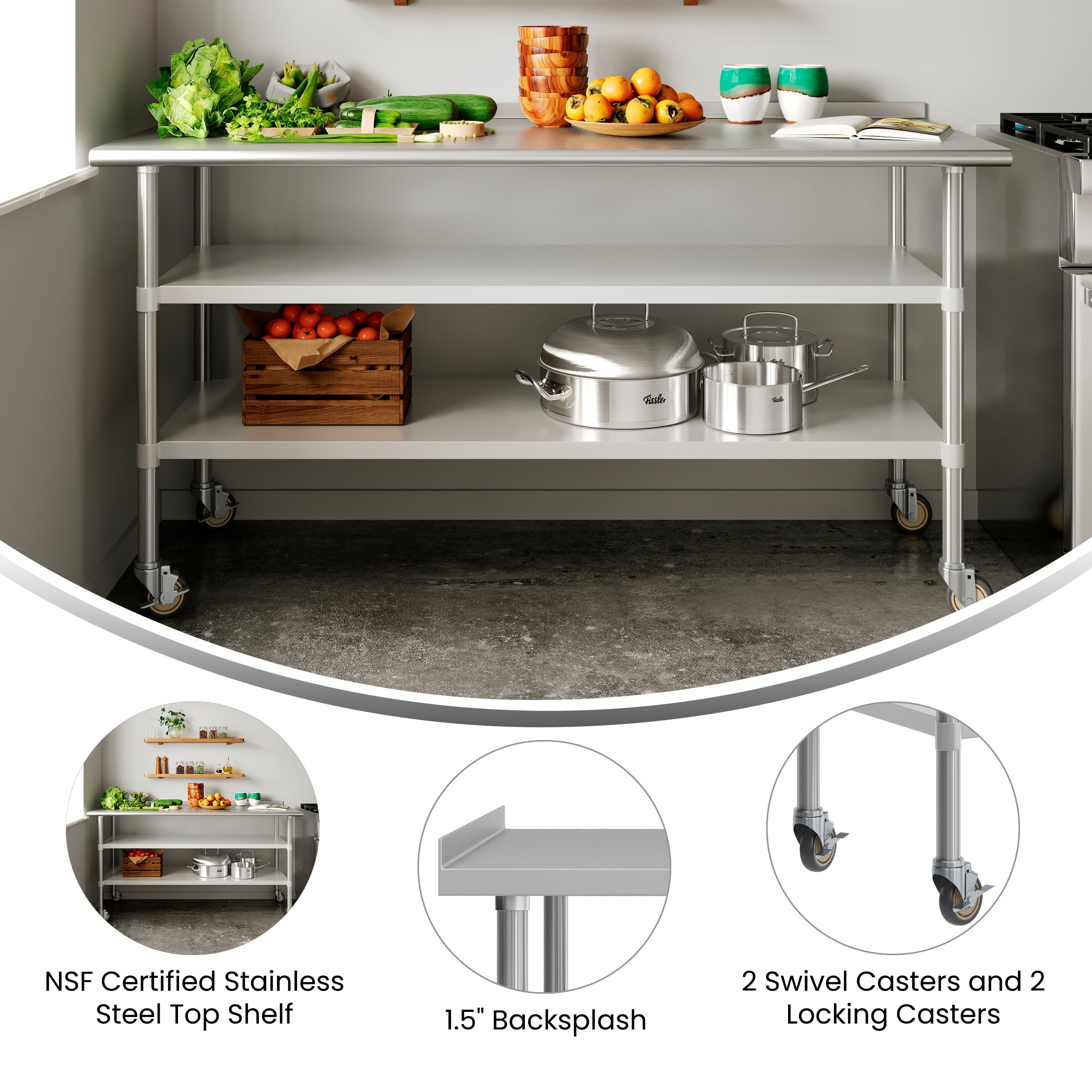 Reader NSF Certified Stainless Steel Prep and Work Table 30"x 72" with 1.5" Backsplash, 2 Galvanized Steel Undershelves and 4 Casters, 2 Locking
