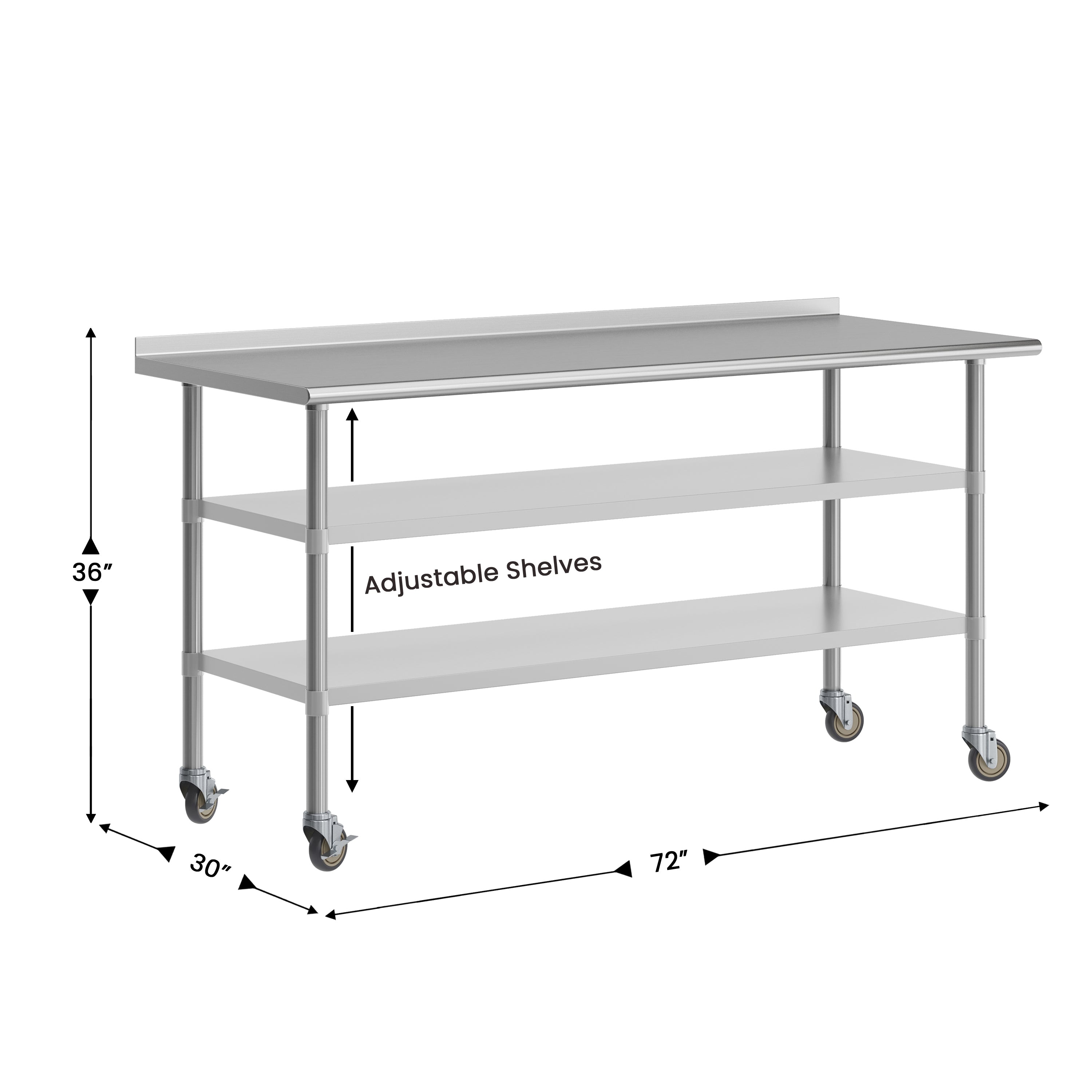 Reader NSF Certified Stainless Steel Prep and Work Table 30"x 72" with 1.5" Backsplash, 2 Galvanized Steel Undershelves and 4 Casters, 2 Locking