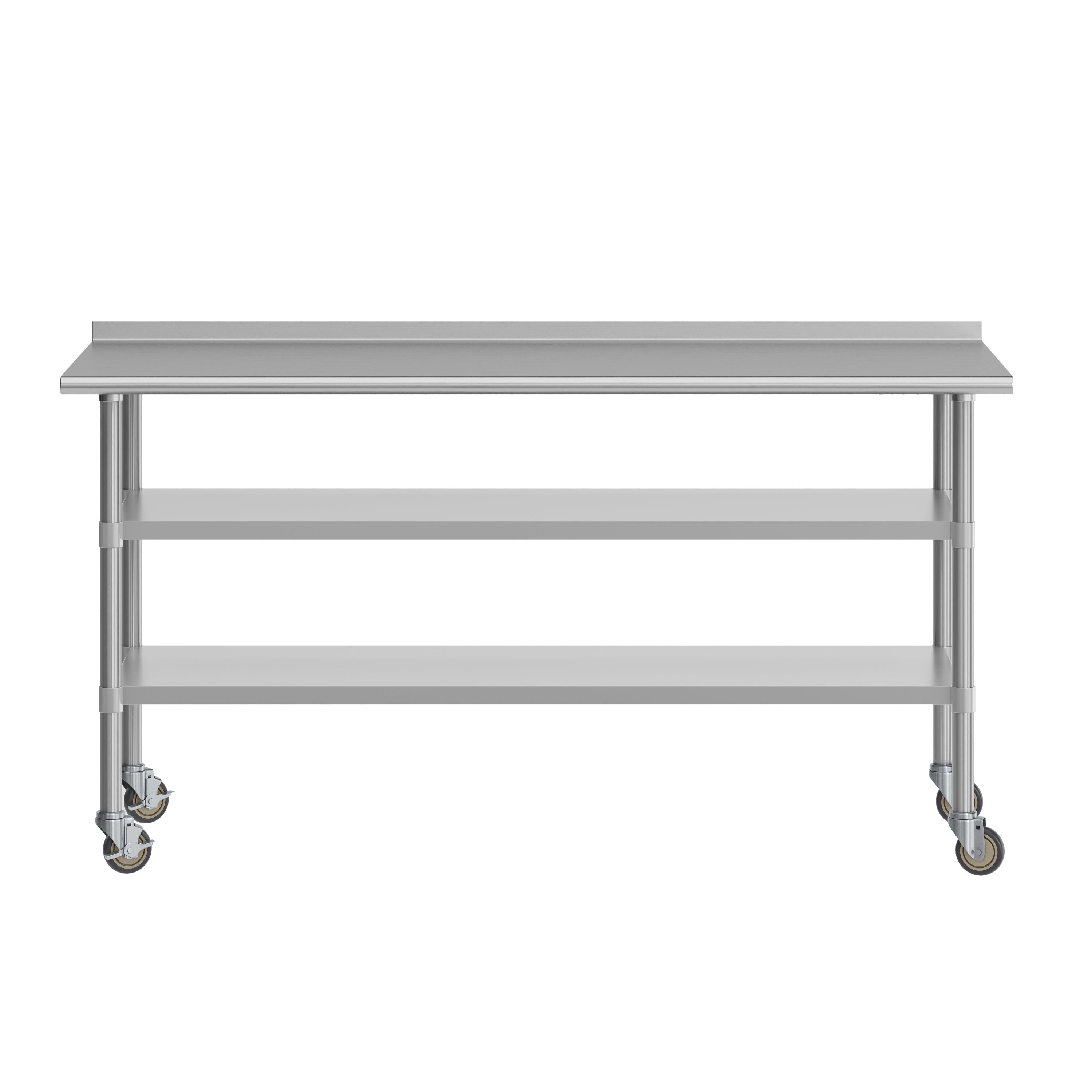 Reader NSF Certified Stainless Steel Prep and Work Table 30"x 72" with 1.5" Backsplash, 2 Galvanized Steel Undershelves and 4 Casters, 2 Locking