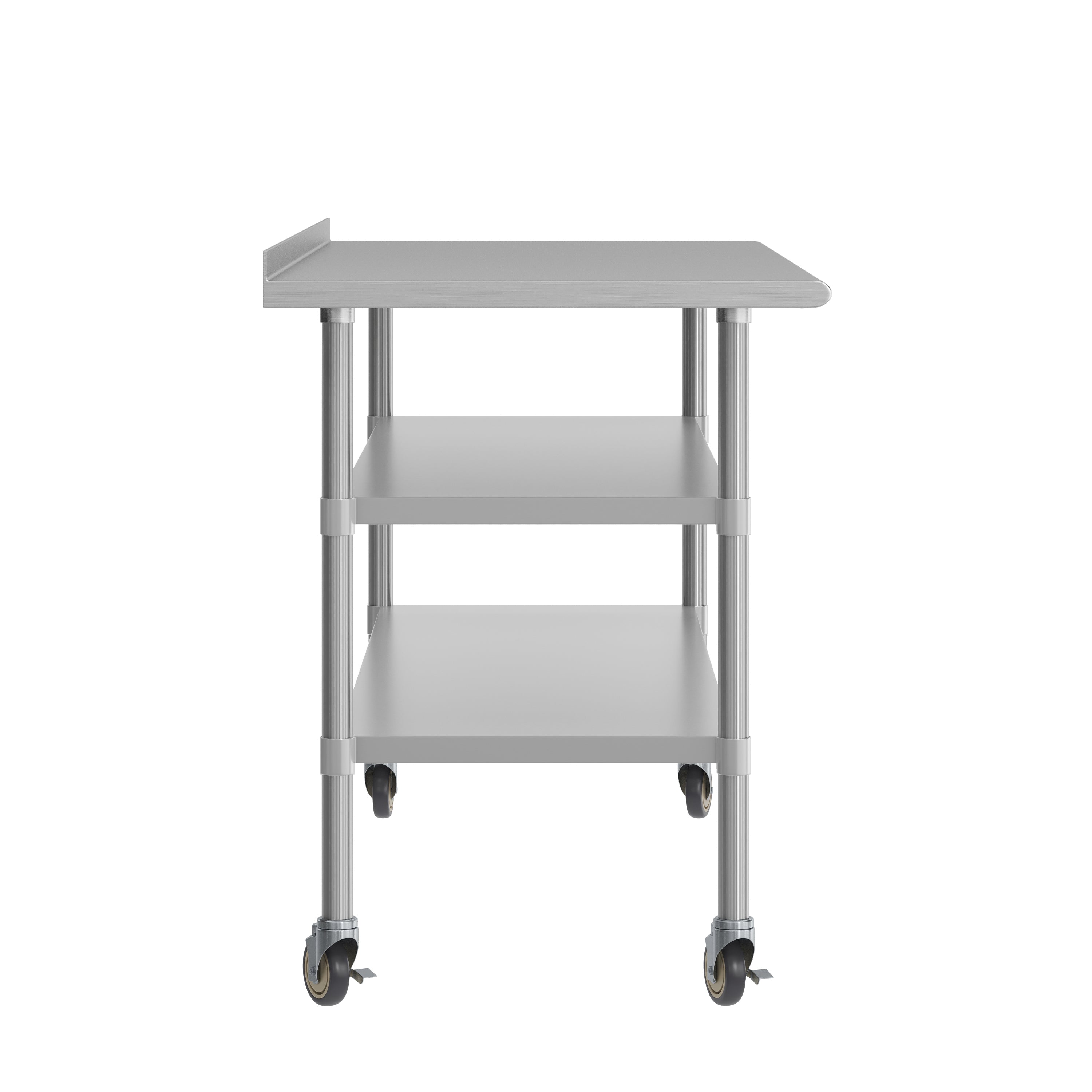 Reader NSF Certified Stainless Steel Prep and Work Table 30"x 72" with 1.5" Backsplash, 2 Galvanized Steel Undershelves and 4 Casters, 2 Locking
