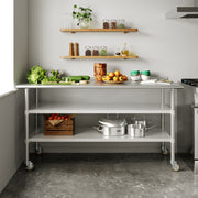 Reader NSF Certified Stainless Steel Prep and Work Table 30"x 72" with 1.5" Backsplash, 2 Galvanized Steel Undershelves and 4 Casters, 2 Locking