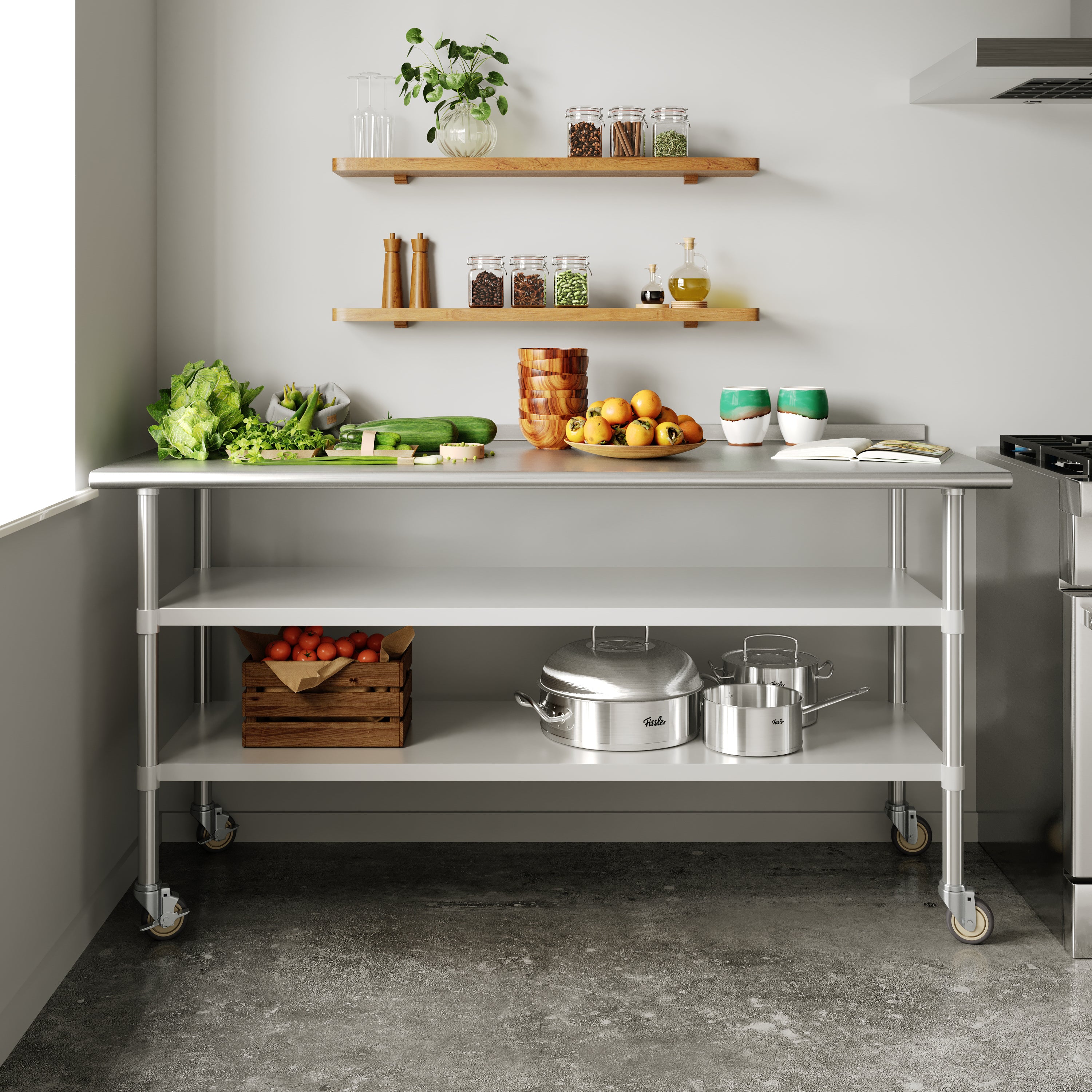 Reader NSF Certified Stainless Steel Prep and Work Table 30"x 72" with 1.5" Backsplash, 2 Galvanized Steel Undershelves and 4 Casters, 2 Locking