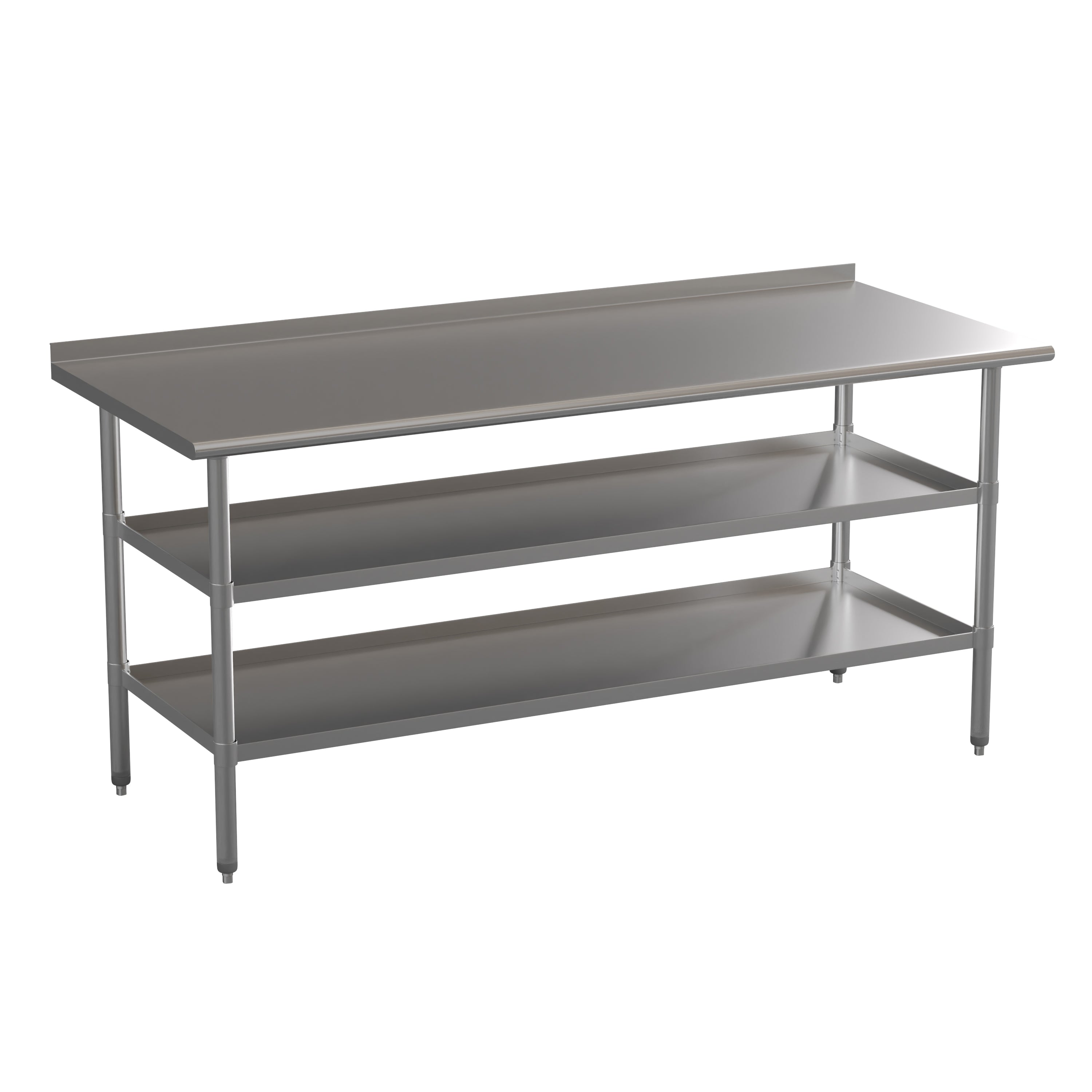 Ravenel Stainless Steel 18 Gauge Work Table with 1.5" Backsplash and 2 Undershelves - 72"W x 30"D x 34.5"H, NSF
