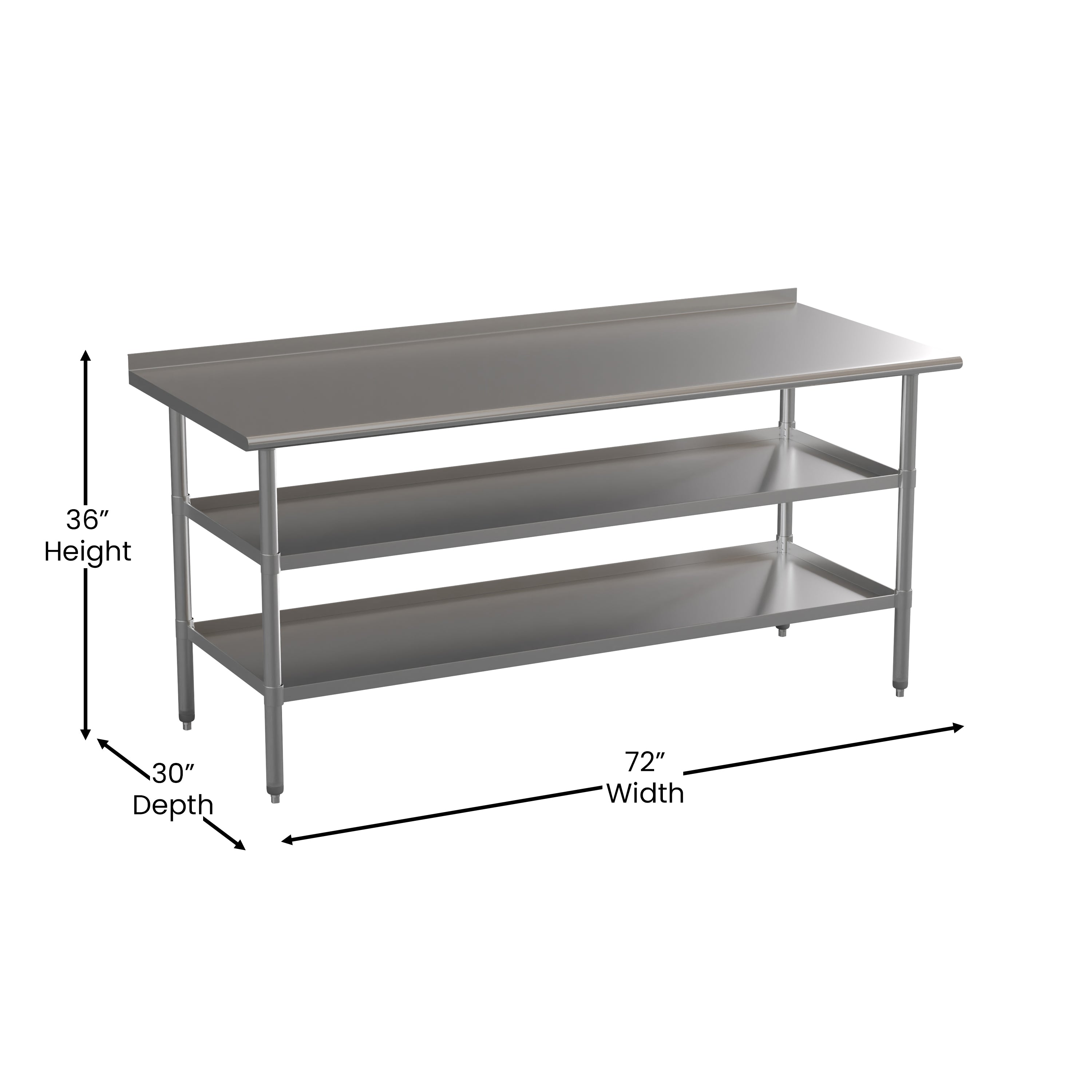 Ravenel Stainless Steel 18 Gauge Work Table with 1.5" Backsplash and 2 Undershelves - 72"W x 30"D x 34.5"H, NSF