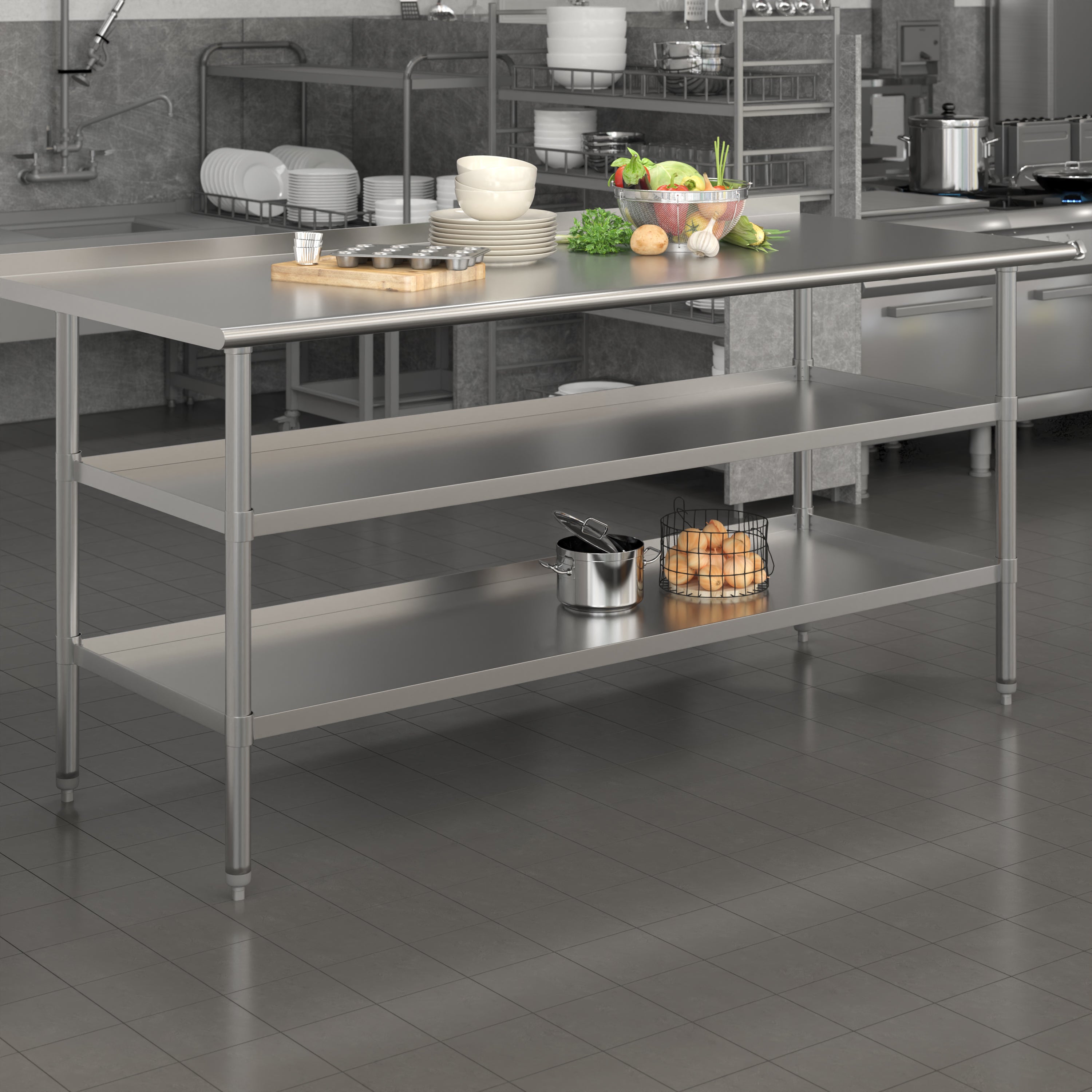 Ravenel Stainless Steel 18 Gauge Work Table with 1.5" Backsplash and 2 Undershelves - 72"W x 30"D x 34.5"H, NSF