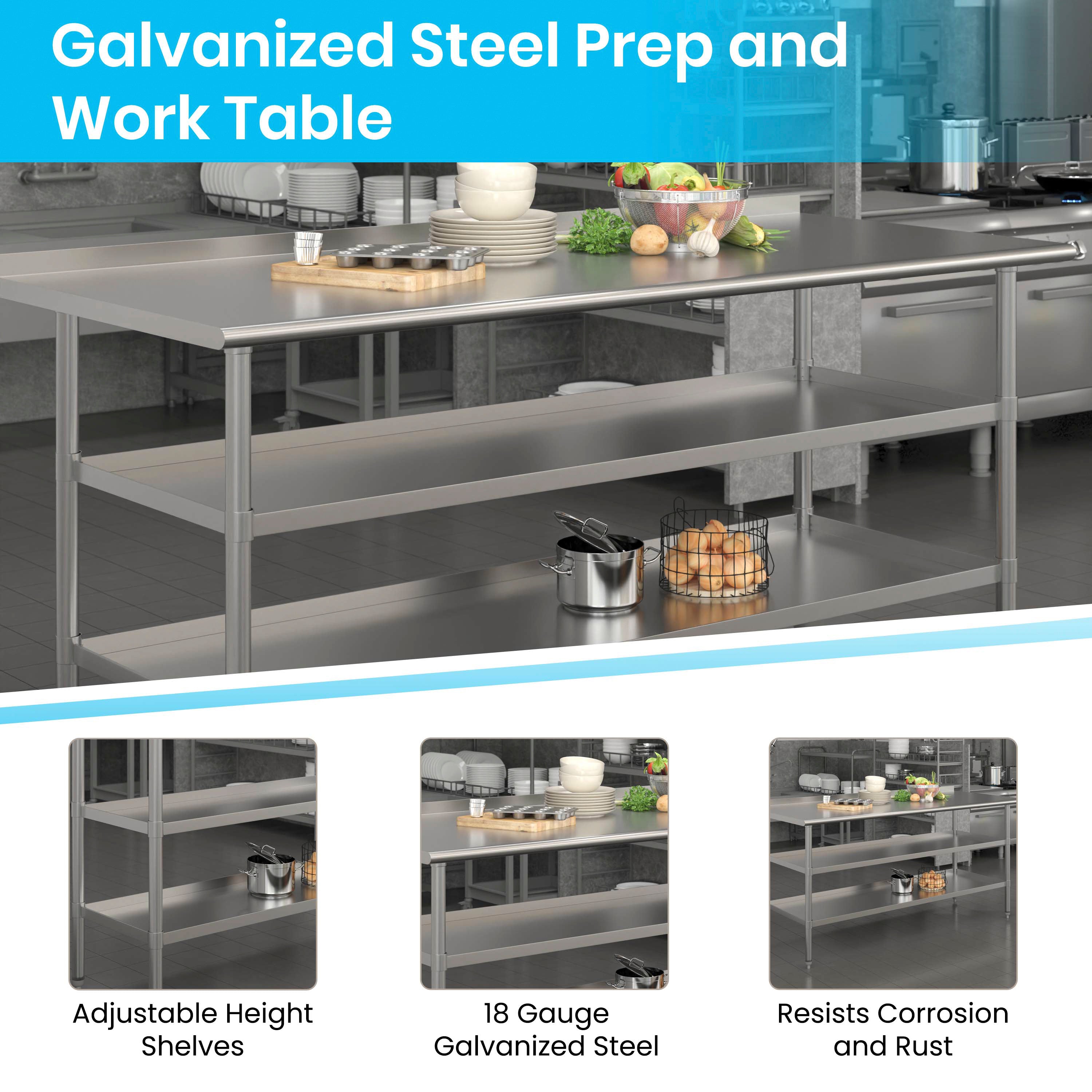 Ravenel Stainless Steel 18 Gauge Work Table with 1.5" Backsplash and 2 Undershelves - 72"W x 30"D x 34.5"H, NSF