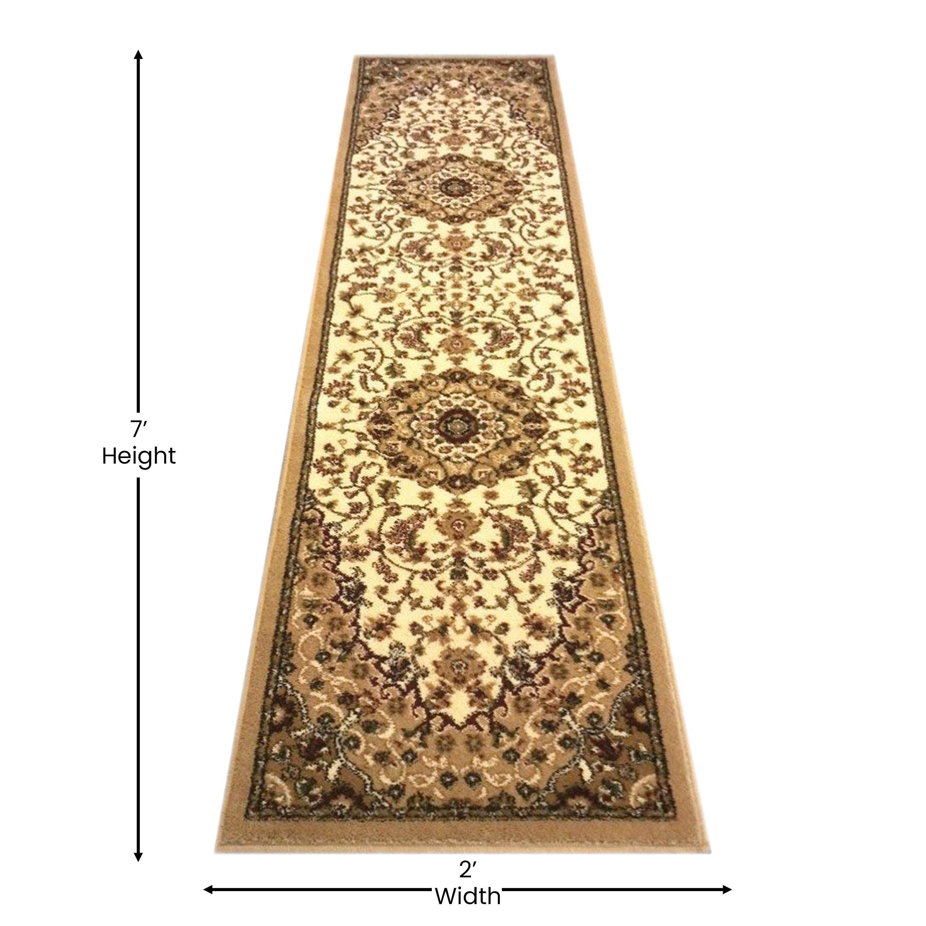 Mersin Collection Persian Style 2' x 7' Ivory Area Rug - Olefin Rug with Jute Backing - Hallway, Entryway, Bedroom, Living Room