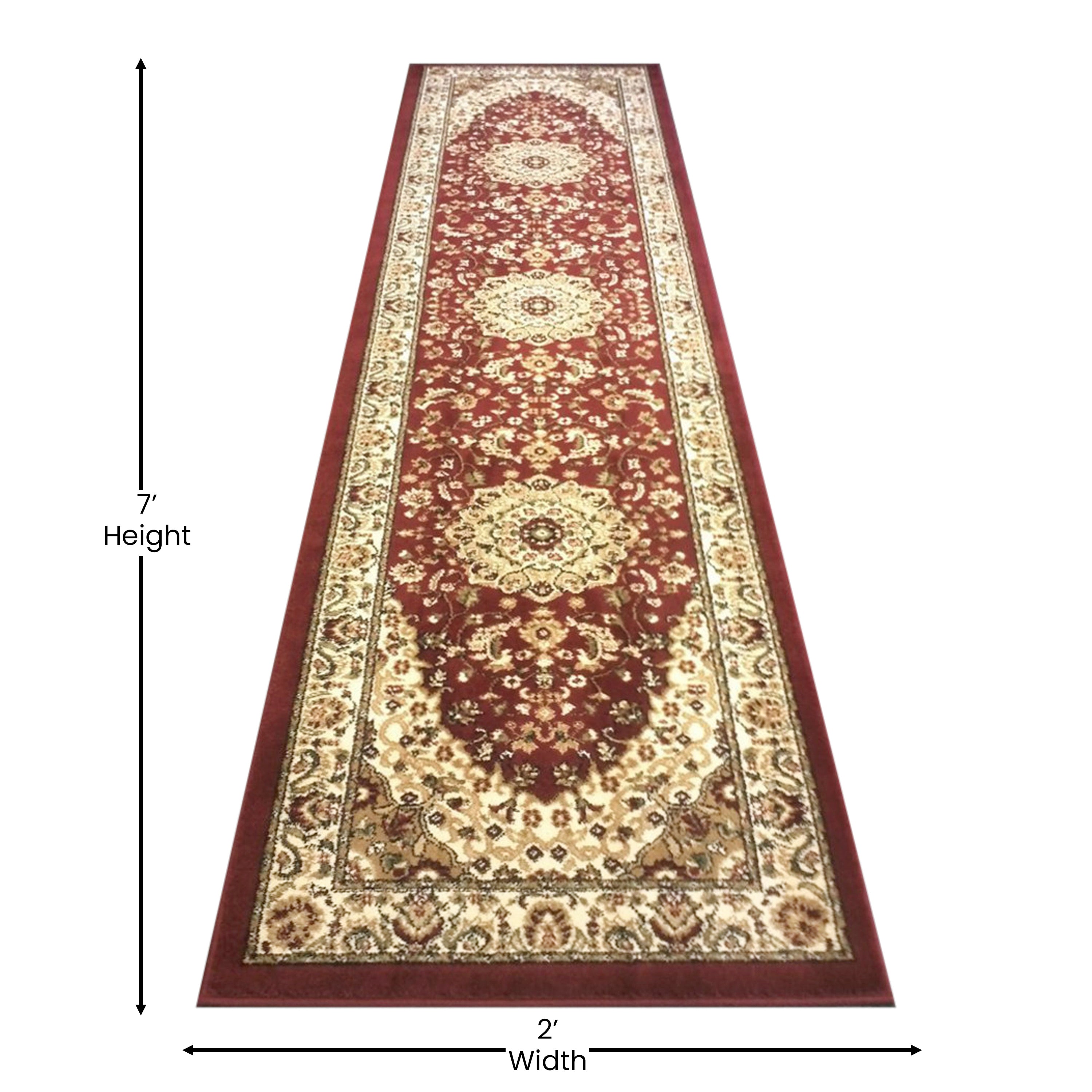 Mersin Collection Persian Style 2' x 7' Burgundy Area Rug - Olefin Rug with Jute Backing - Hallway, Entryway, Bedroom, Living Room