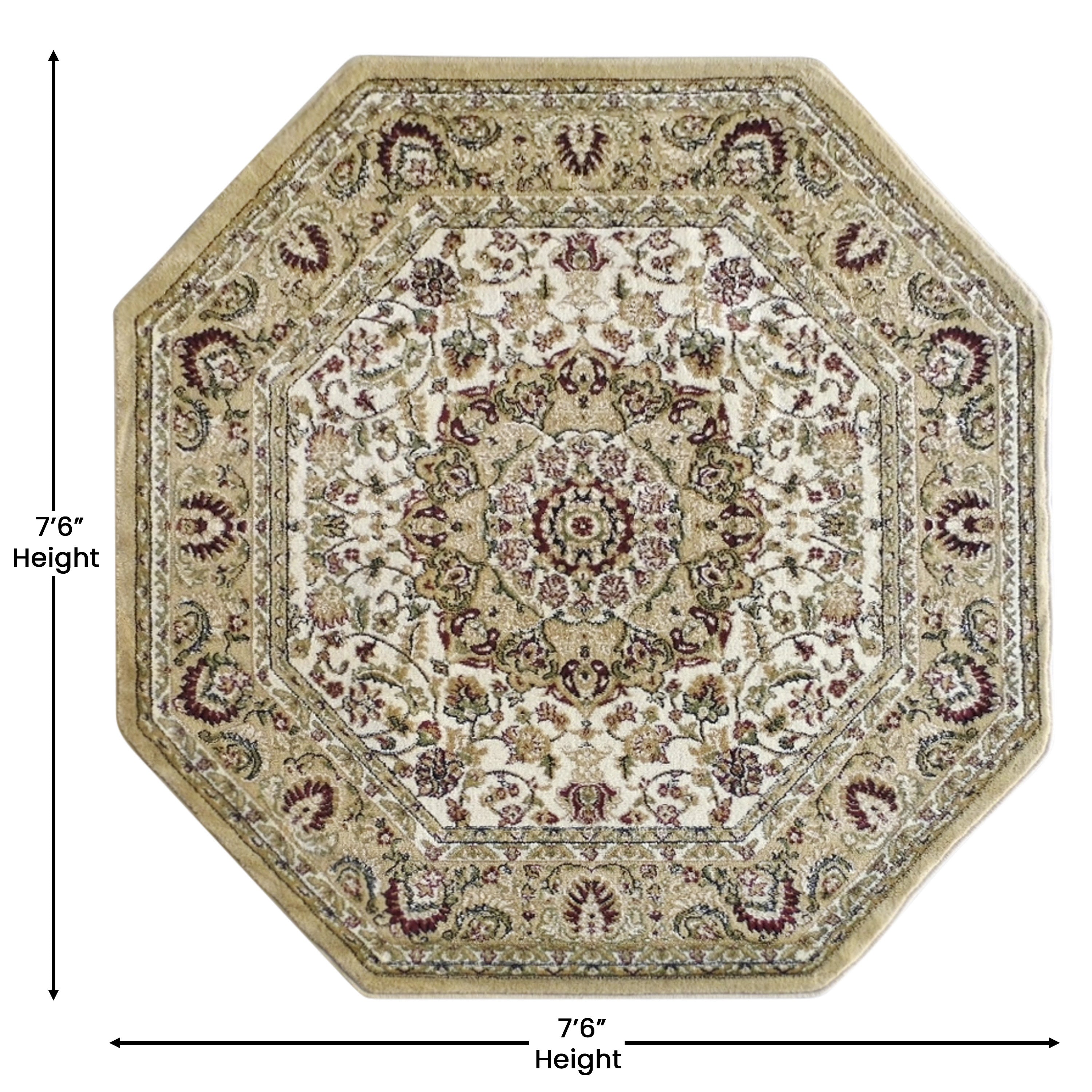 Mersin Collection Persian Style 7x7 Ivory Octagon Area Rug-Olefin Rug with Jute Backing-Hallway, Entryway, Bedroom, Living Room