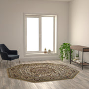 Mersin Collection Persian Style 7x7 Ivory Octagon Area Rug-Olefin Rug with Jute Backing-Hallway, Entryway, Bedroom, Living Room