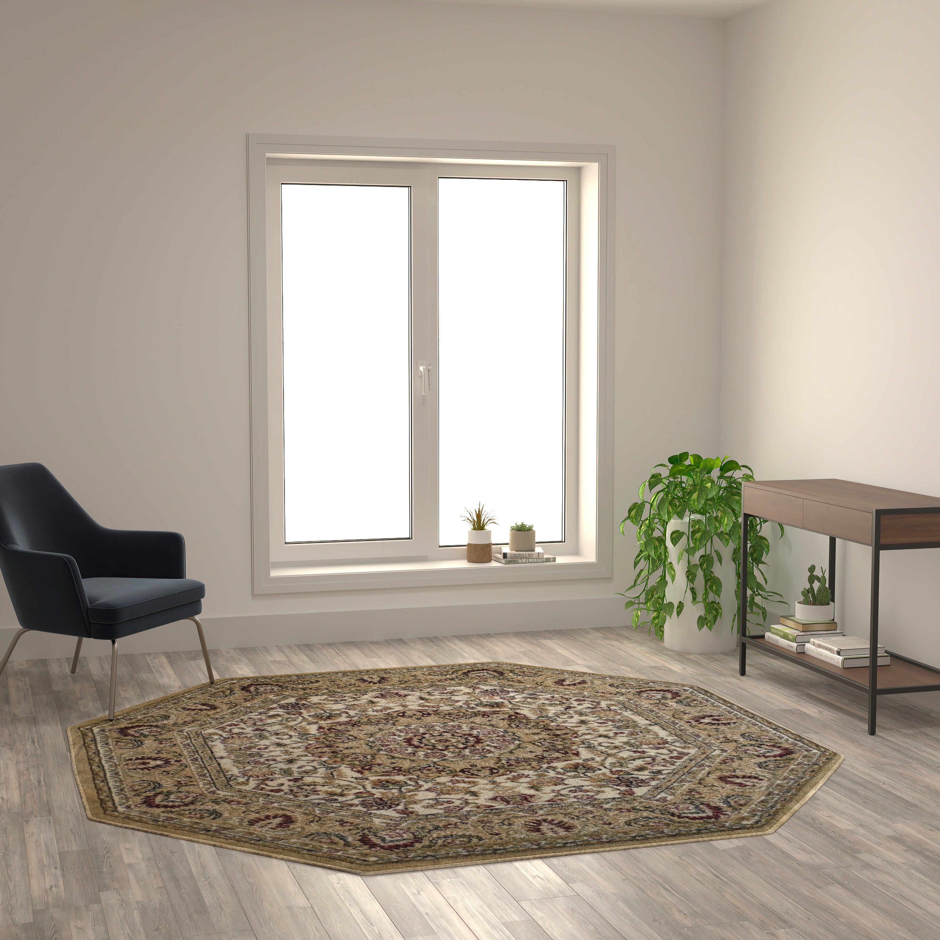 Mersin Collection Persian Style 7x7 Ivory Octagon Area Rug-Olefin Rug with Jute Backing-Hallway, Entryway, Bedroom, Living Room