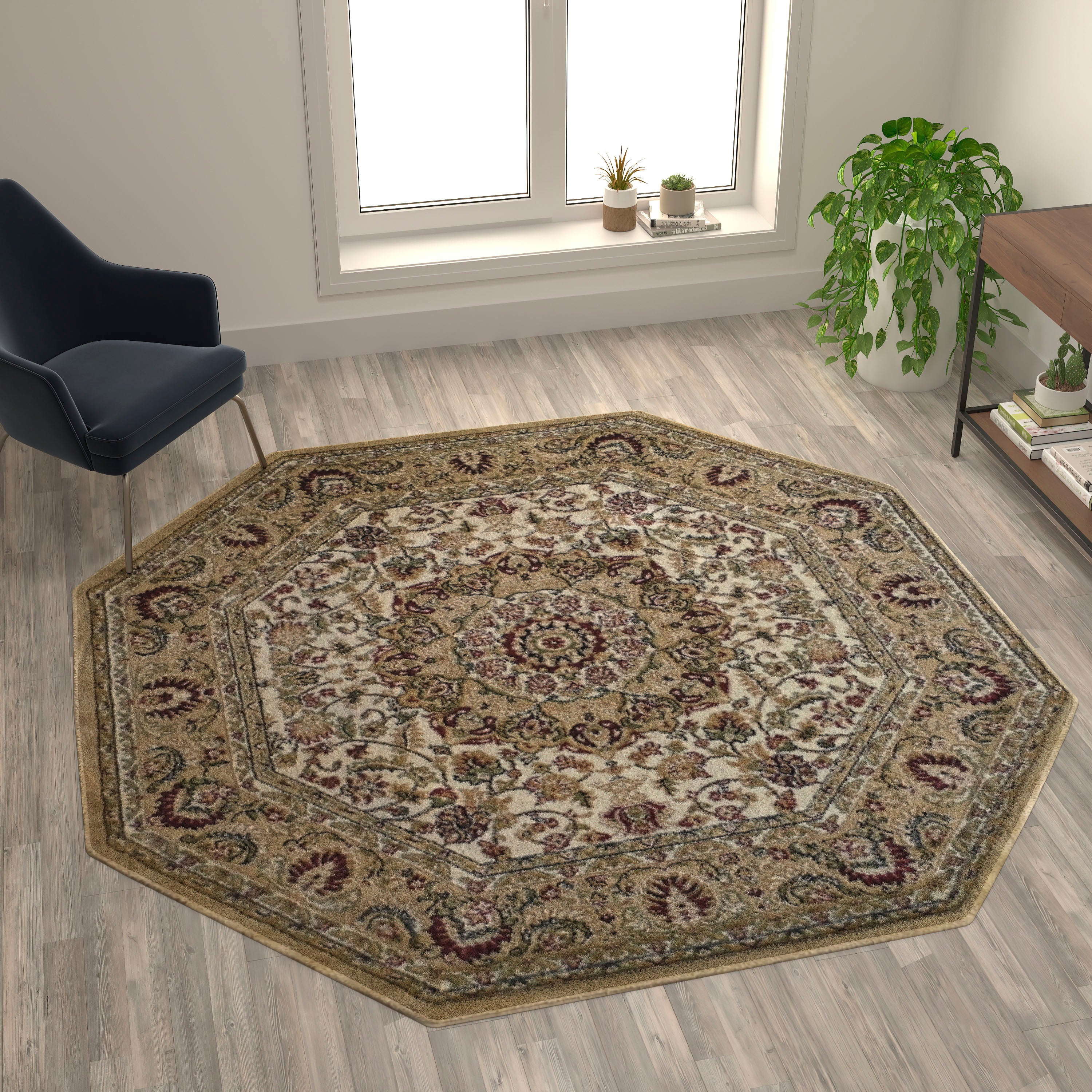 Mersin Collection Persian Style 7x7 Ivory Octagon Area Rug-Olefin Rug with Jute Backing-Hallway, Entryway, Bedroom, Living Room