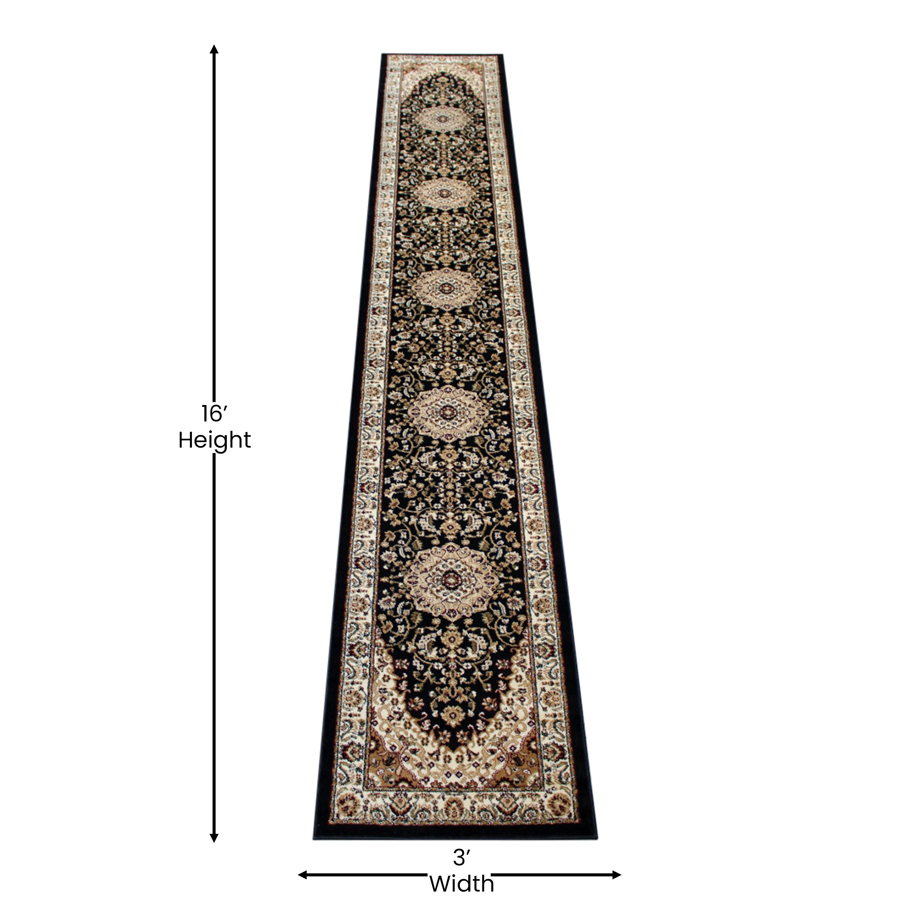 Mersin Collection Persian Style 3' x 15' Black Area Rug - Olefin Rug with Jute Backing - Hallway, Entryway, Bedroom, Living Room