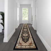 Mersin Collection Persian Style 3' x 15' Black Area Rug - Olefin Rug with Jute Backing - Hallway, Entryway, Bedroom, Living Room