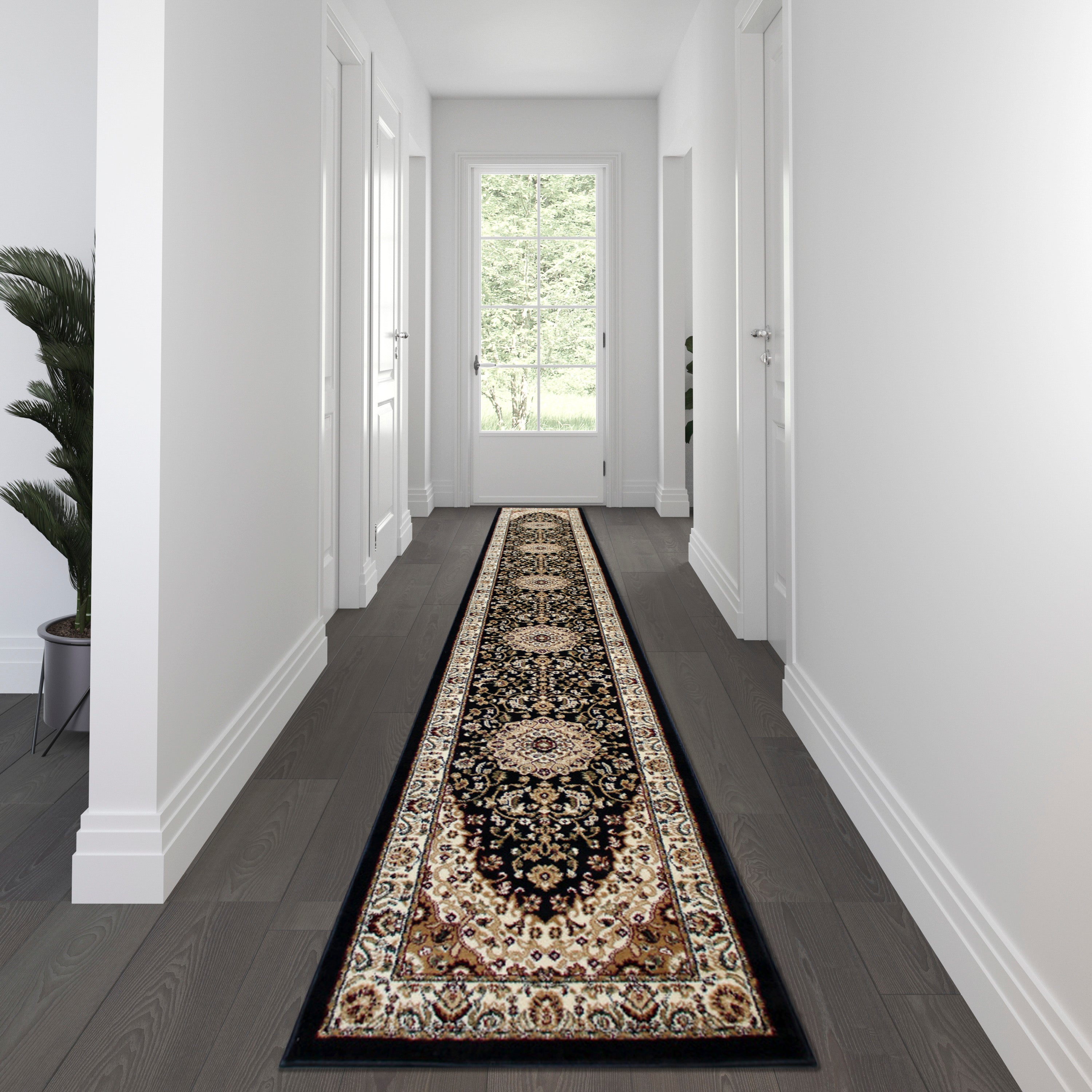 Mersin Collection Persian Style 3' x 15' Black Area Rug - Olefin Rug with Jute Backing - Hallway, Entryway, Bedroom, Living Room