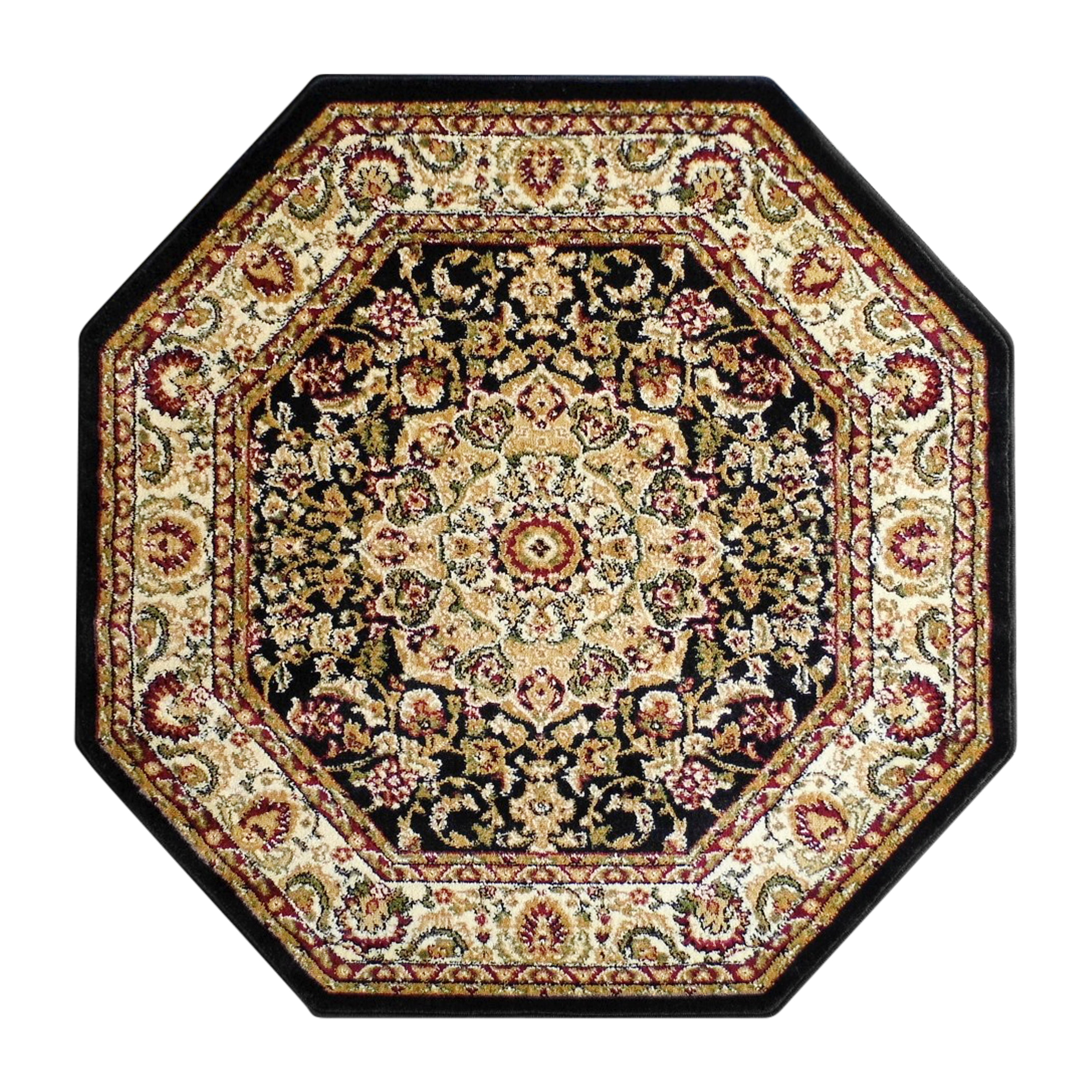 Mersin Collection Persian Style 4x4 Black Octagon Area Rug-Olefin Rug with Jute Backing-Hallway, Entryway, Bedroom, Living Room