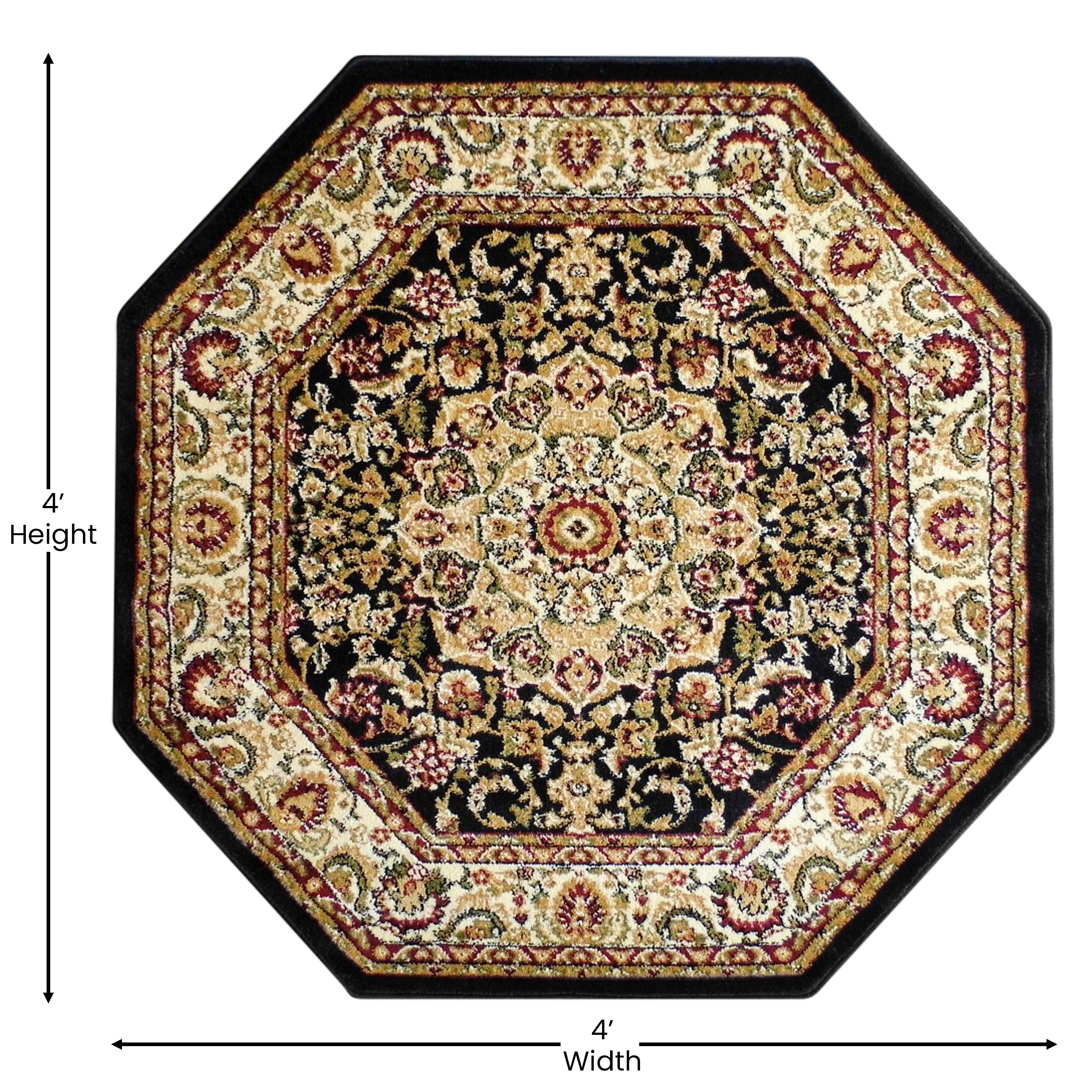 Mersin Collection Persian Style 4x4 Black Octagon Area Rug-Olefin Rug with Jute Backing-Hallway, Entryway, Bedroom, Living Room