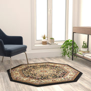 Mersin Collection Persian Style 4x4 Black Octagon Area Rug-Olefin Rug with Jute Backing-Hallway, Entryway, Bedroom, Living Room
