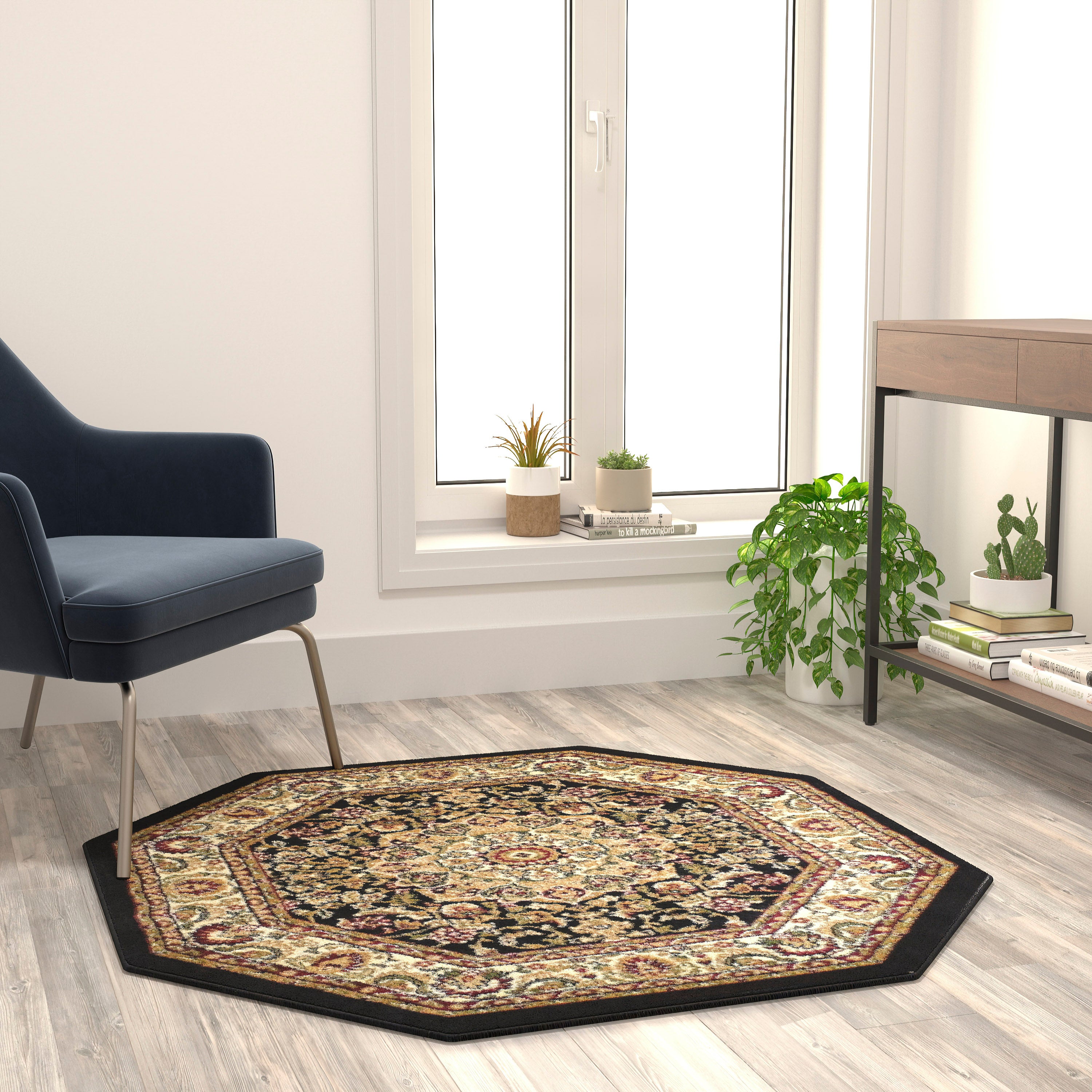 Mersin Collection Persian Style 4x4 Black Octagon Area Rug-Olefin Rug with Jute Backing-Hallway, Entryway, Bedroom, Living Room