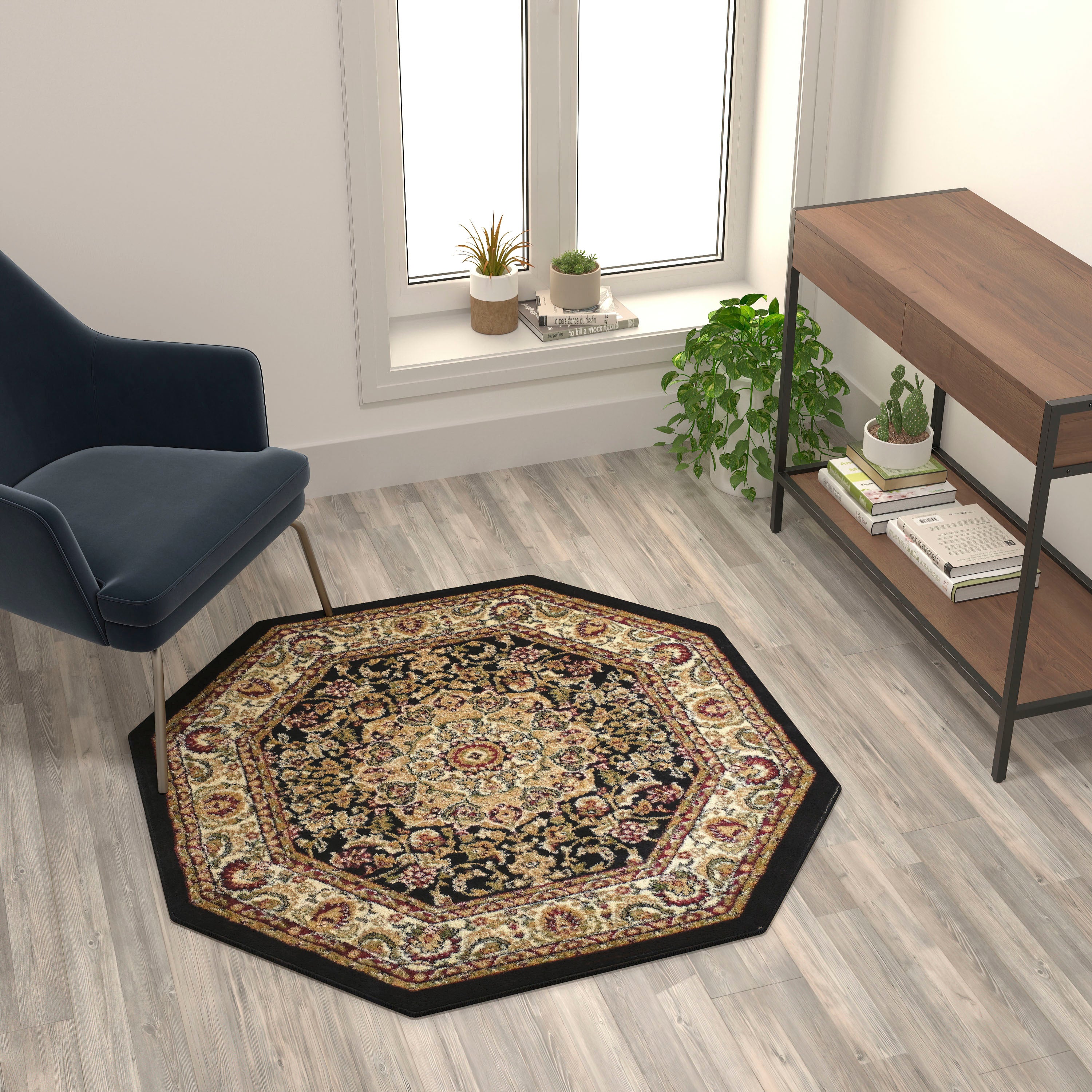 Mersin Collection Persian Style 4x4 Black Octagon Area Rug-Olefin Rug with Jute Backing-Hallway, Entryway, Bedroom, Living Room