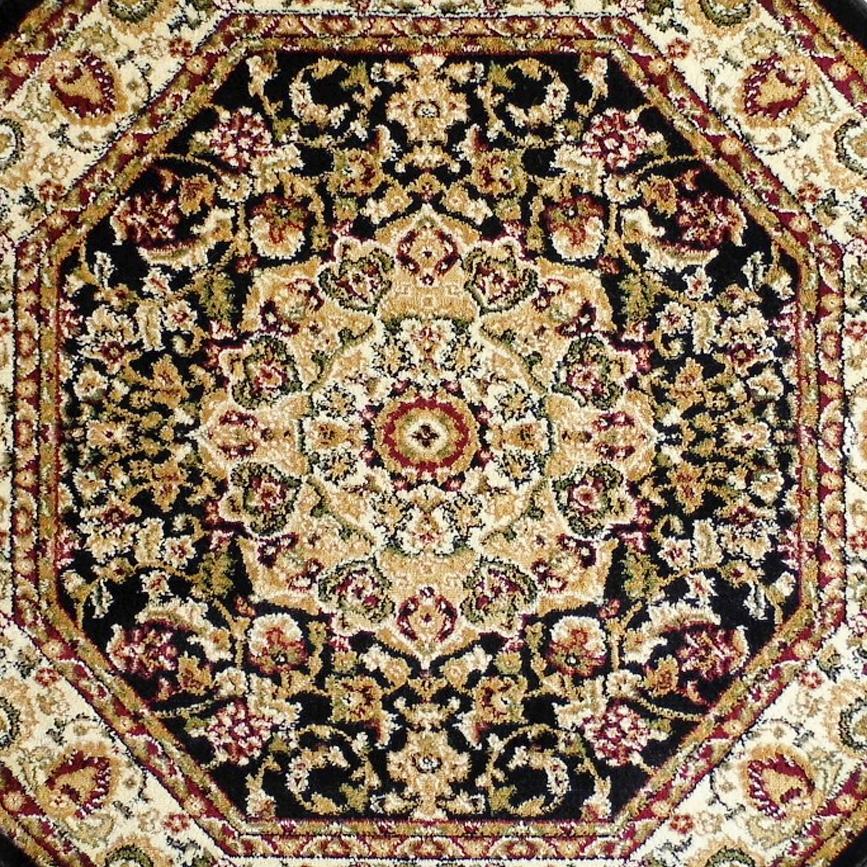Mersin Collection Persian Style 4x4 Black Octagon Area Rug-Olefin Rug with Jute Backing-Hallway, Entryway, Bedroom, Living Room