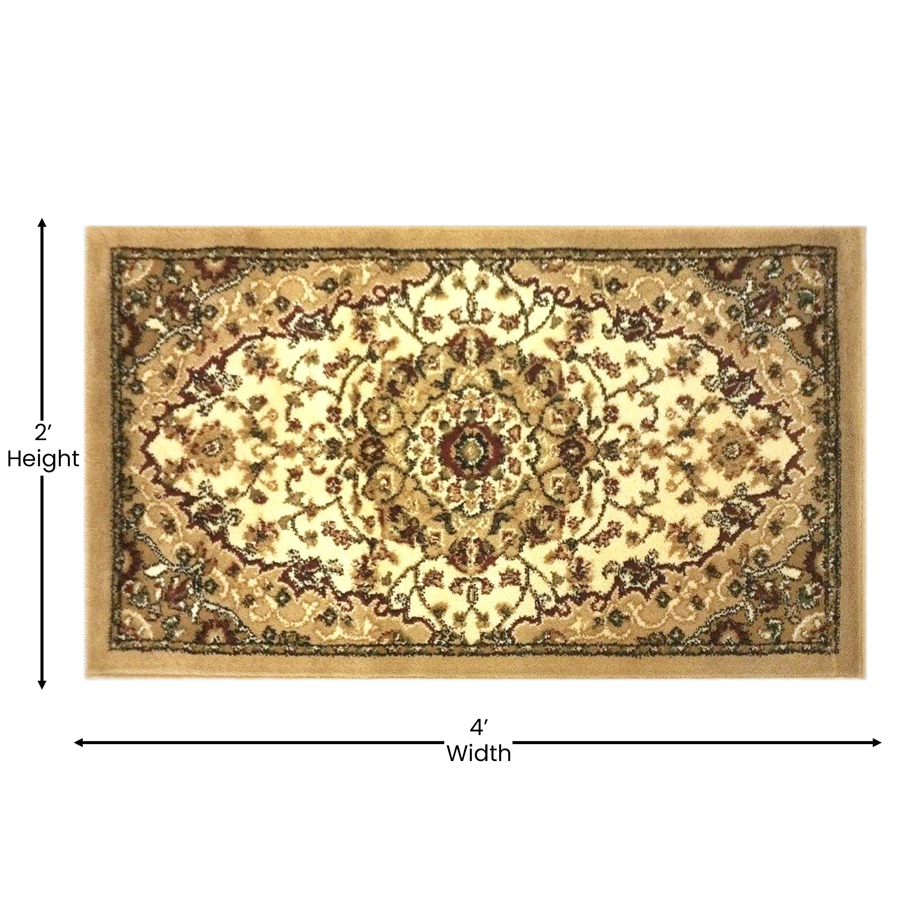Mersin Collection Persian Style 2x3 Ivory Area Rug-Olefin Rug with Jute Backing-Hallway, Entryway, Bedroom, Living Room