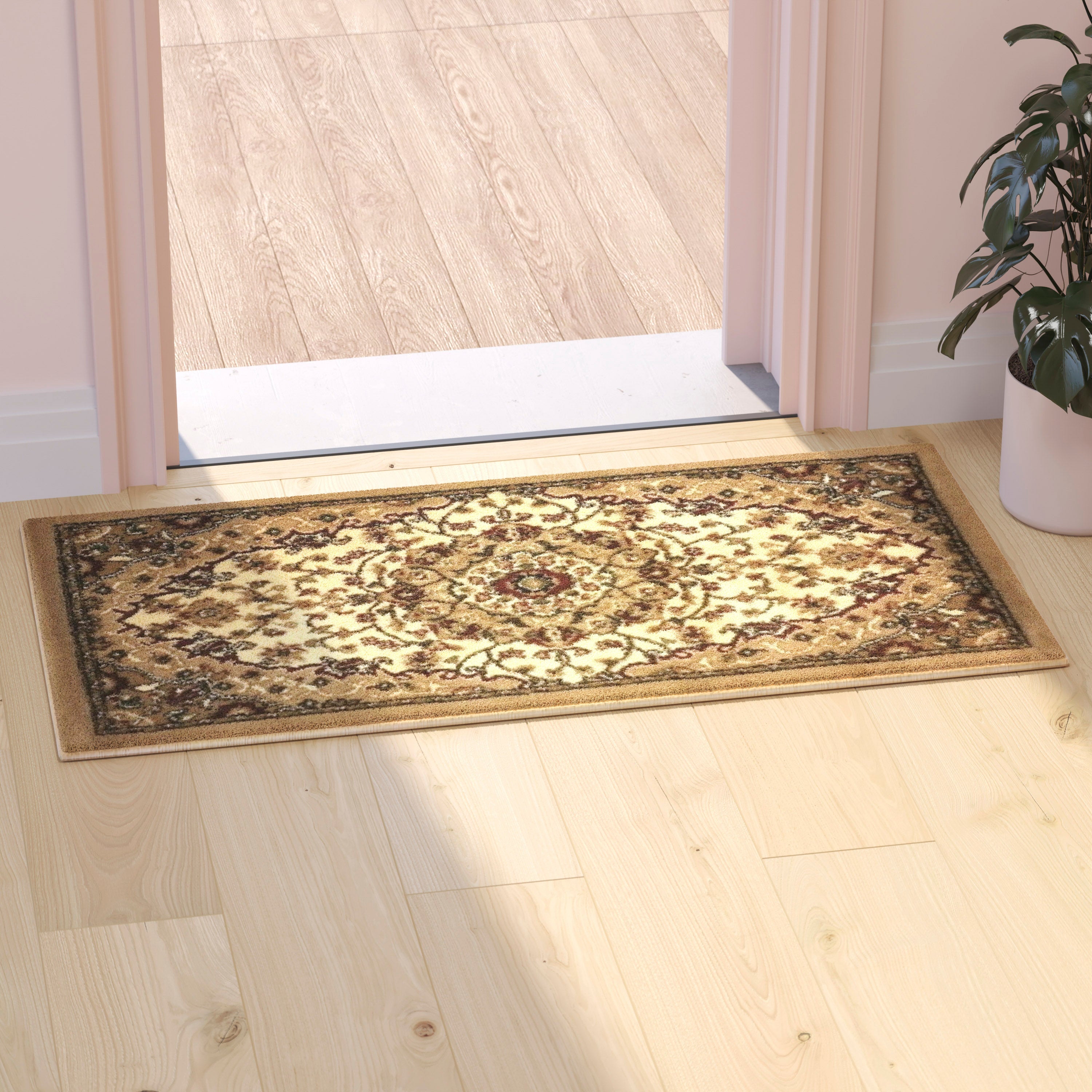 Mersin Collection Persian Style 2x3 Ivory Area Rug-Olefin Rug with Jute Backing-Hallway, Entryway, Bedroom, Living Room