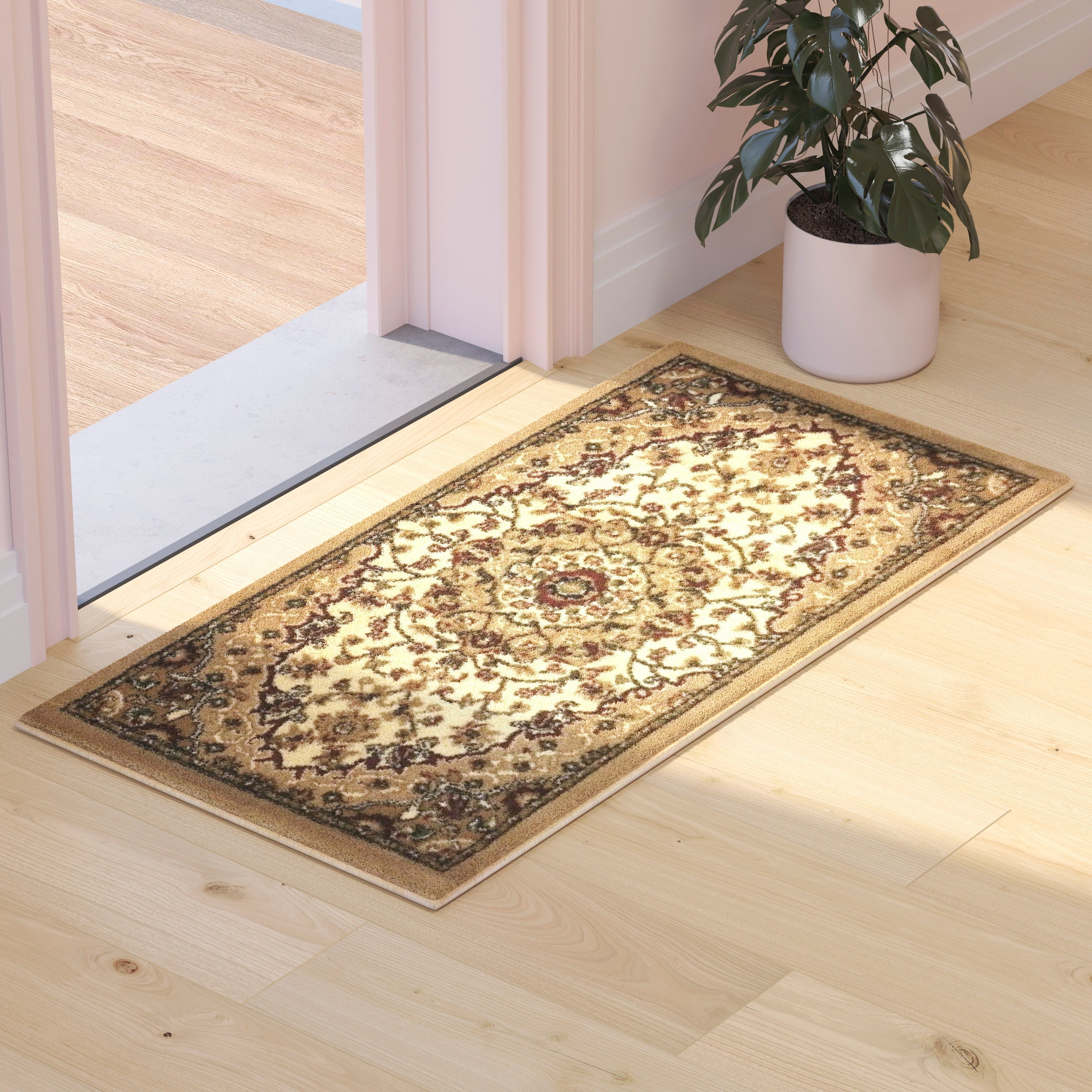 Mersin Collection Persian Style 2x3 Ivory Area Rug-Olefin Rug with Jute Backing-Hallway, Entryway, Bedroom, Living Room