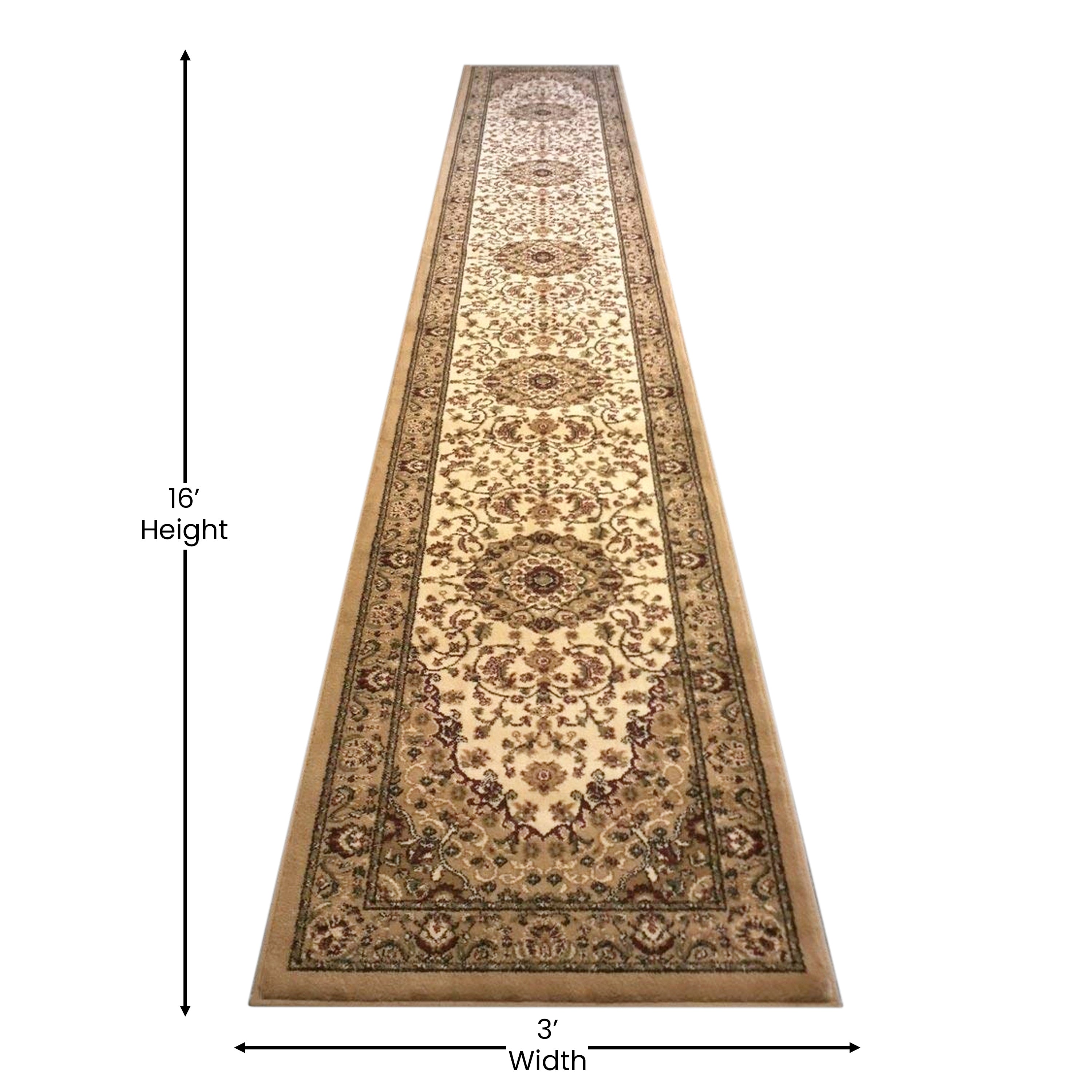 Mersin Collection Persian Style 3' x 15' Ivory Area Rug - Olefin Rug with Jute Backing - Hallway, Entryway, Bedroom, Living Room