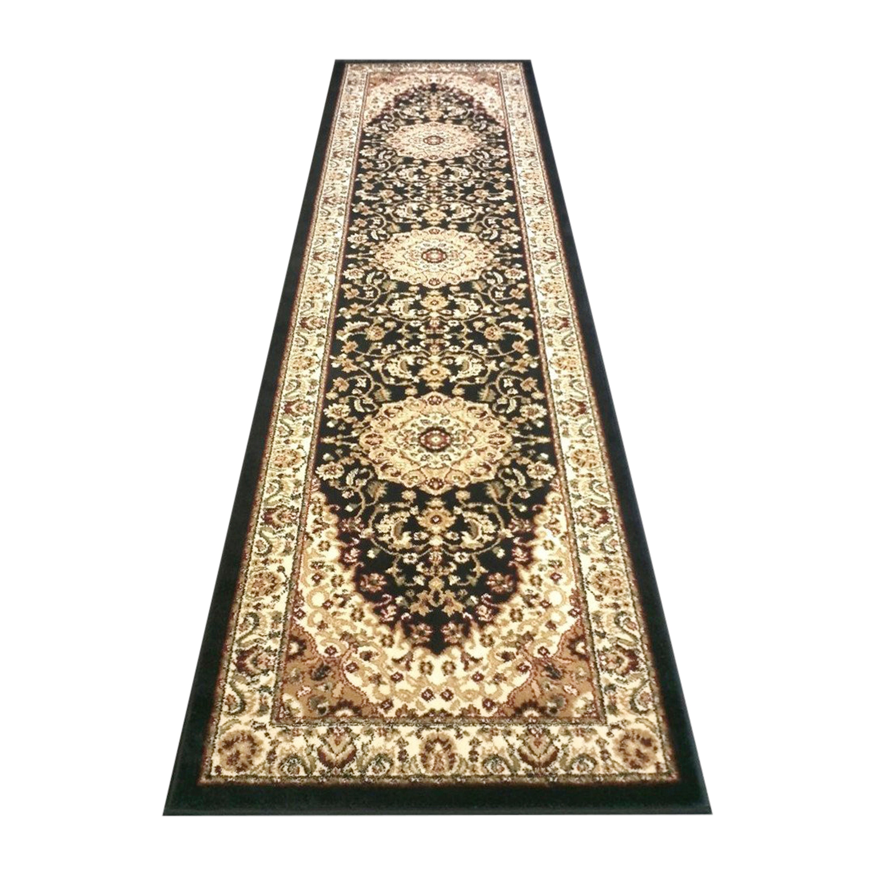Mersin Collection Persian Style 3' x 10' Black Area Rug - Olefin Rug with Jute Backing - Hallway, Entryway, Bedroom, Living Room